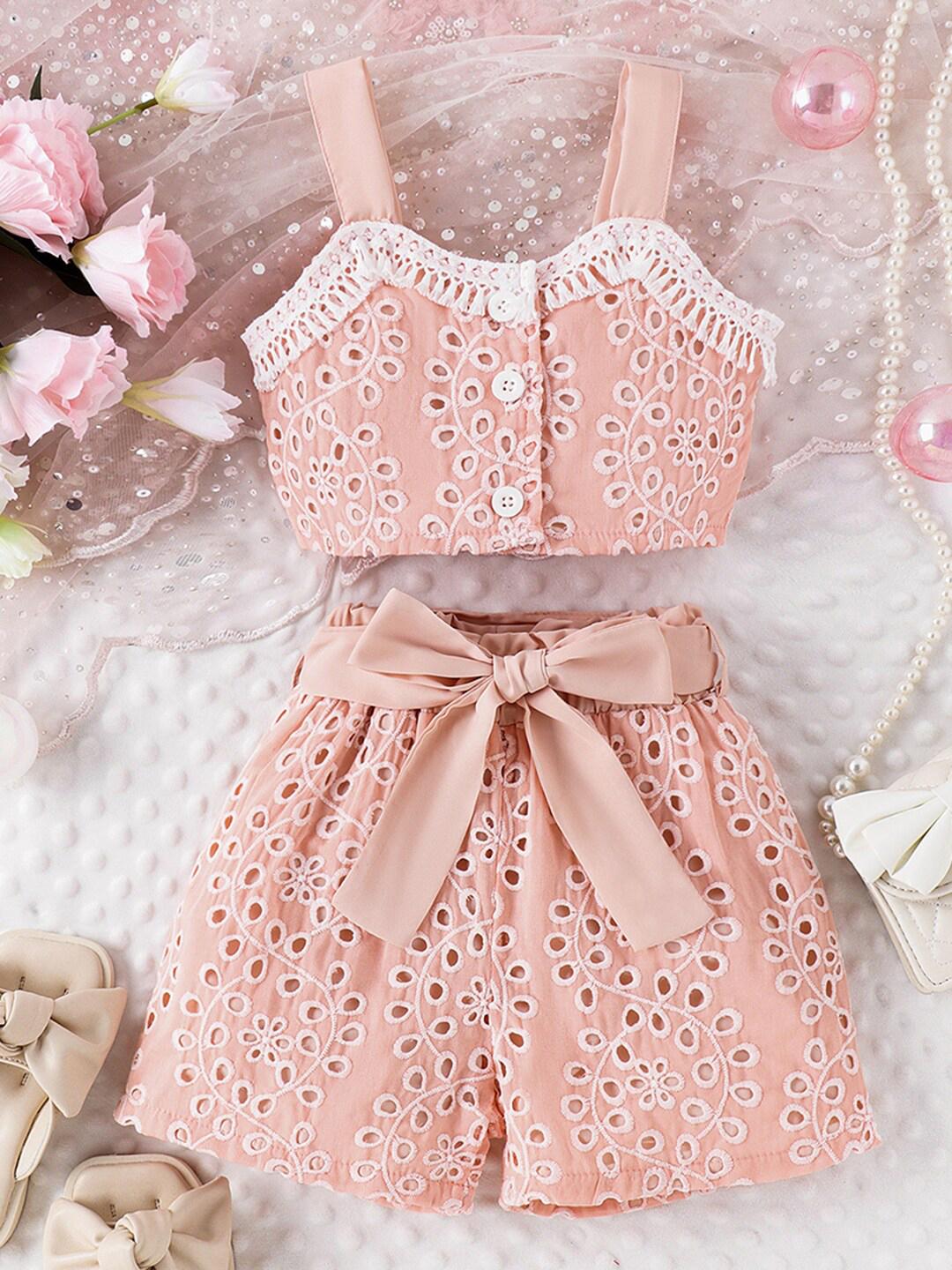Buy INCLUD Girls Embroidered Schiffli Shoulder Straps Top With Shorts Clothing Set - - Apparel for Girls