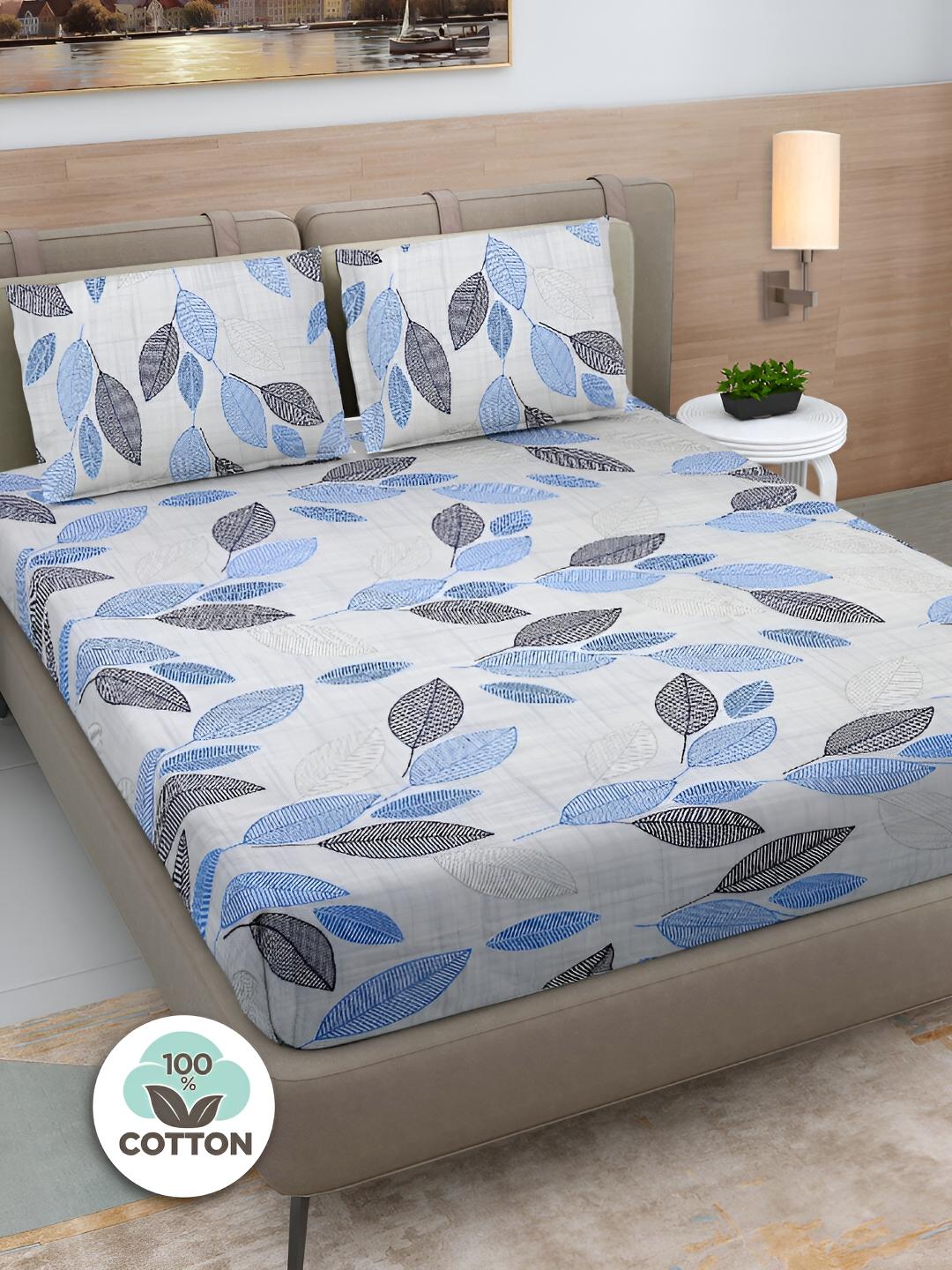 Buy FABINALIV Blue Leaf Pure Cotton 300 TC King Superfine Bedsheet With 2 Pillow Covers 106 X 106 Inches -  - Home for Unisex
