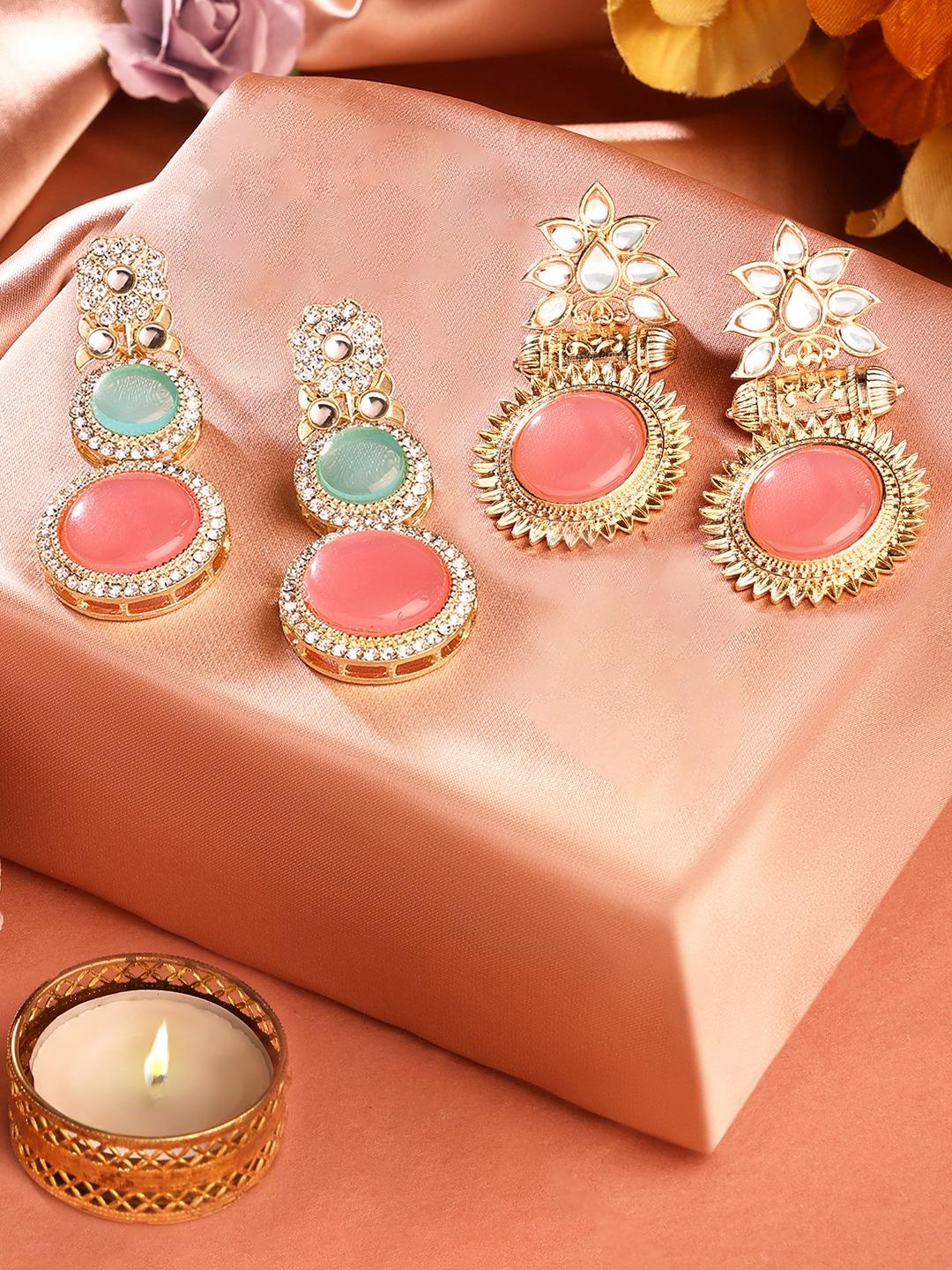 Buy Zaveri Pearls Set Of 2 Gold Plated Stone Studded Contemporary Drop Earrings - - Accessories for Women