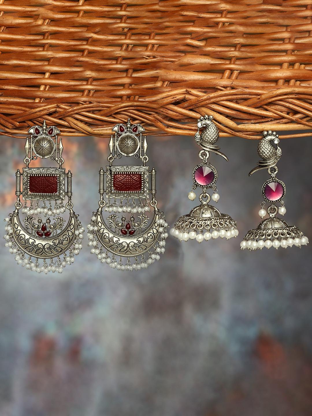 Buy Zaveri Pearls Set Of 2 Contemporary Silver Plated Chandbalis Earrings - - Accessories for Women