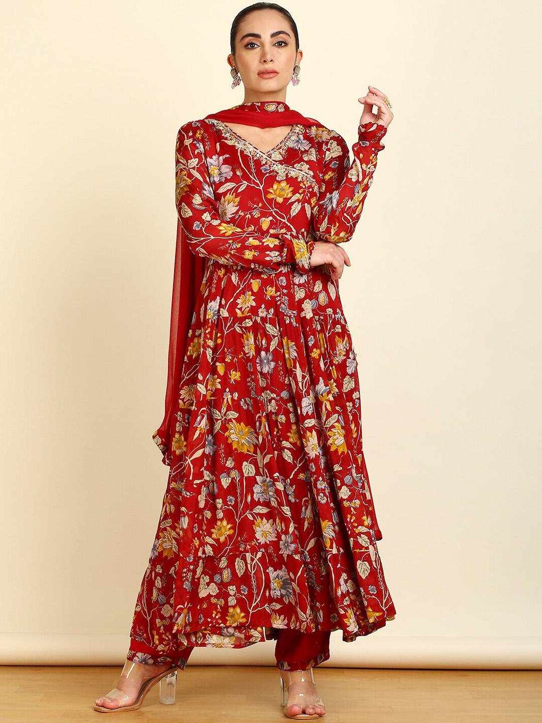 Women Floral Yoke Design Tiered Mirror Work Anarkali Kurta With Dupatta