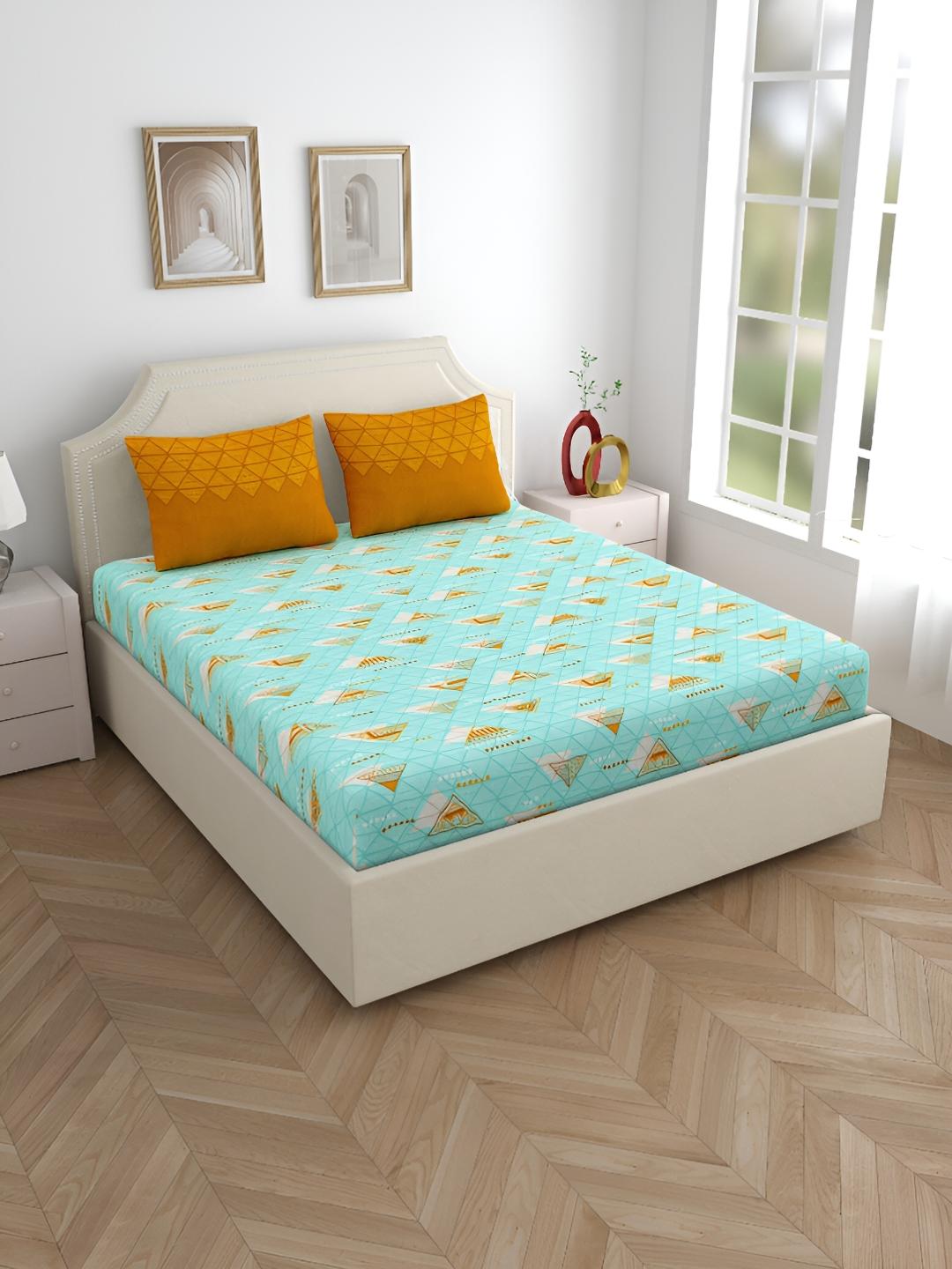 Buy Home Ecstasy Sea Green Geometric Pure Cotton 140 TC Queen Bedsheet With 2 Pillow Covers 86 X 92 Inches -  - Home for Unisex