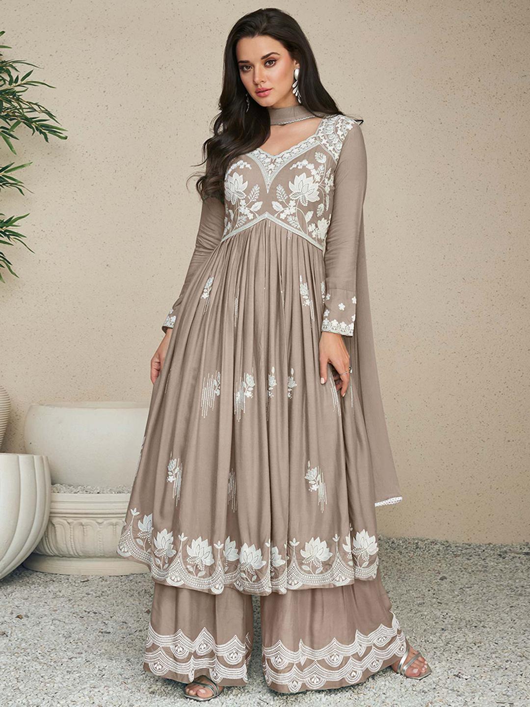 Floral Embroidered Thread Work Straight Kurta With Palazzos & Dupatta