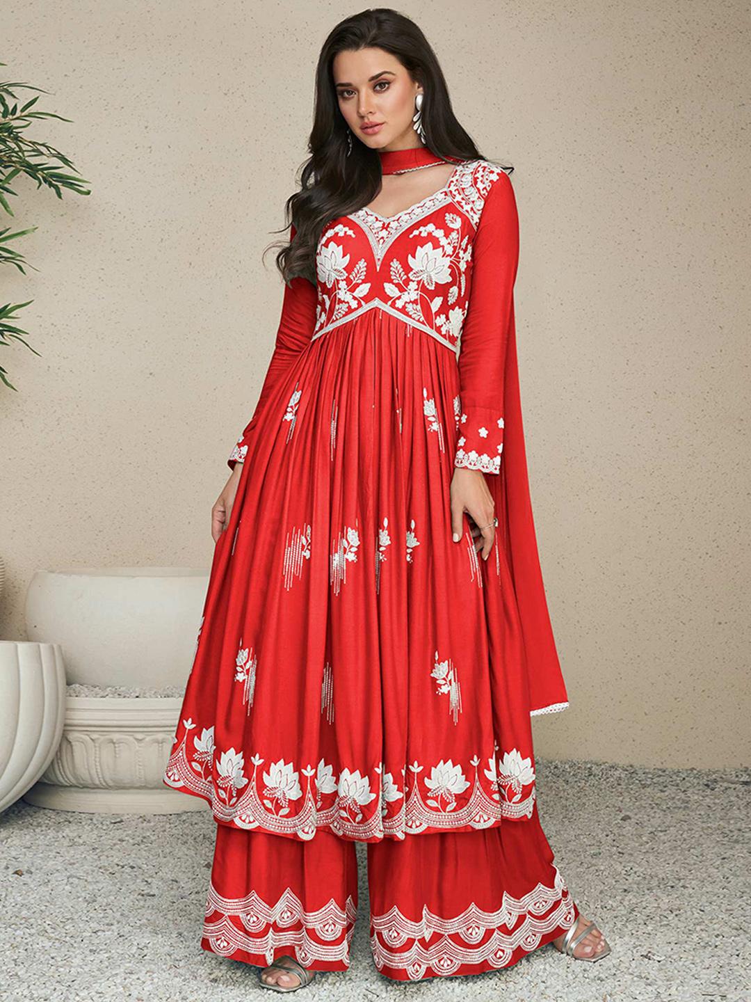 Women Floral Regular Thread Work Kurta with Palazzos & With Dupatta
