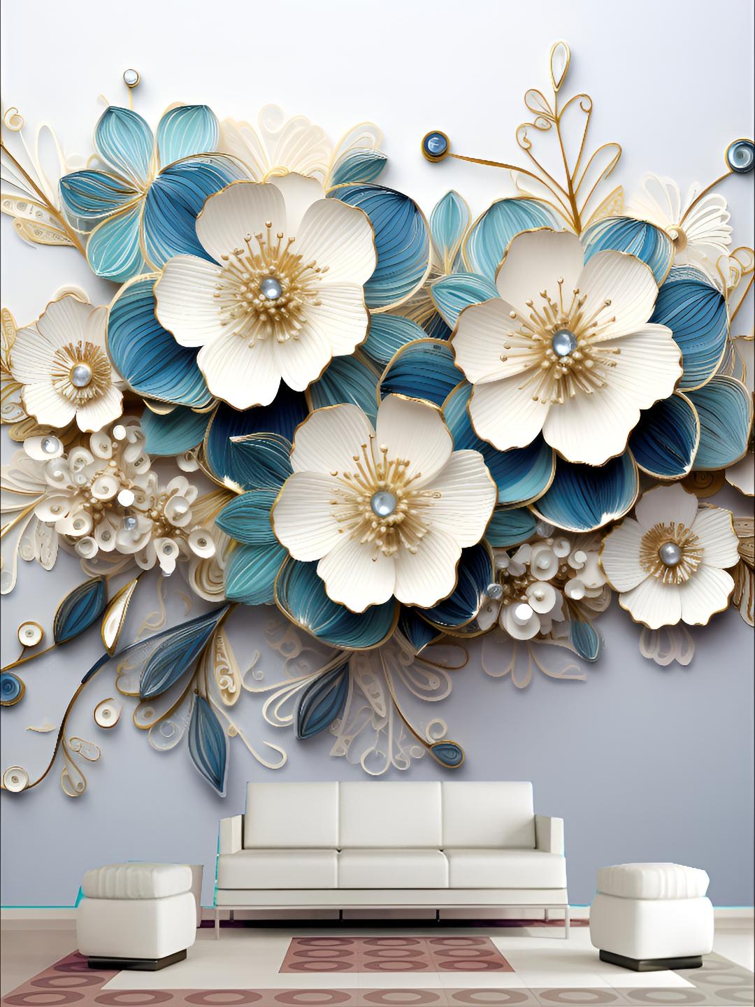 Buy KSHIRSA Blue & White Floral Printed 3D Self Adhesive Wall Sticker ...