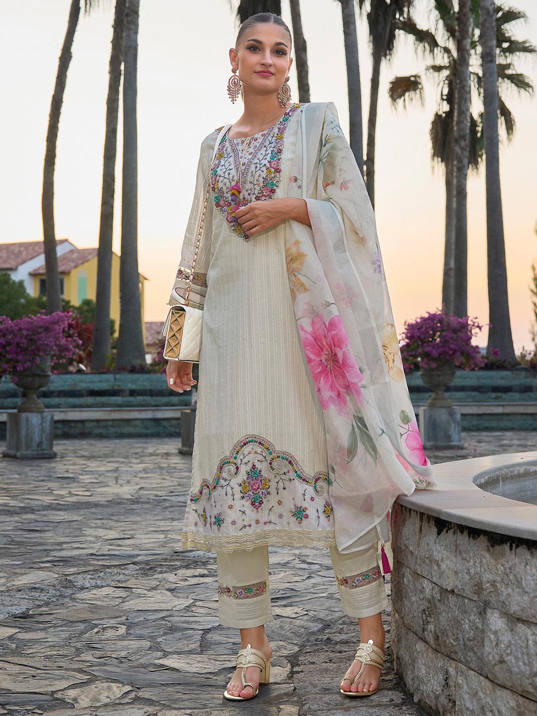Indo Era Floral Embroidered Straight Cotton Kurta Set