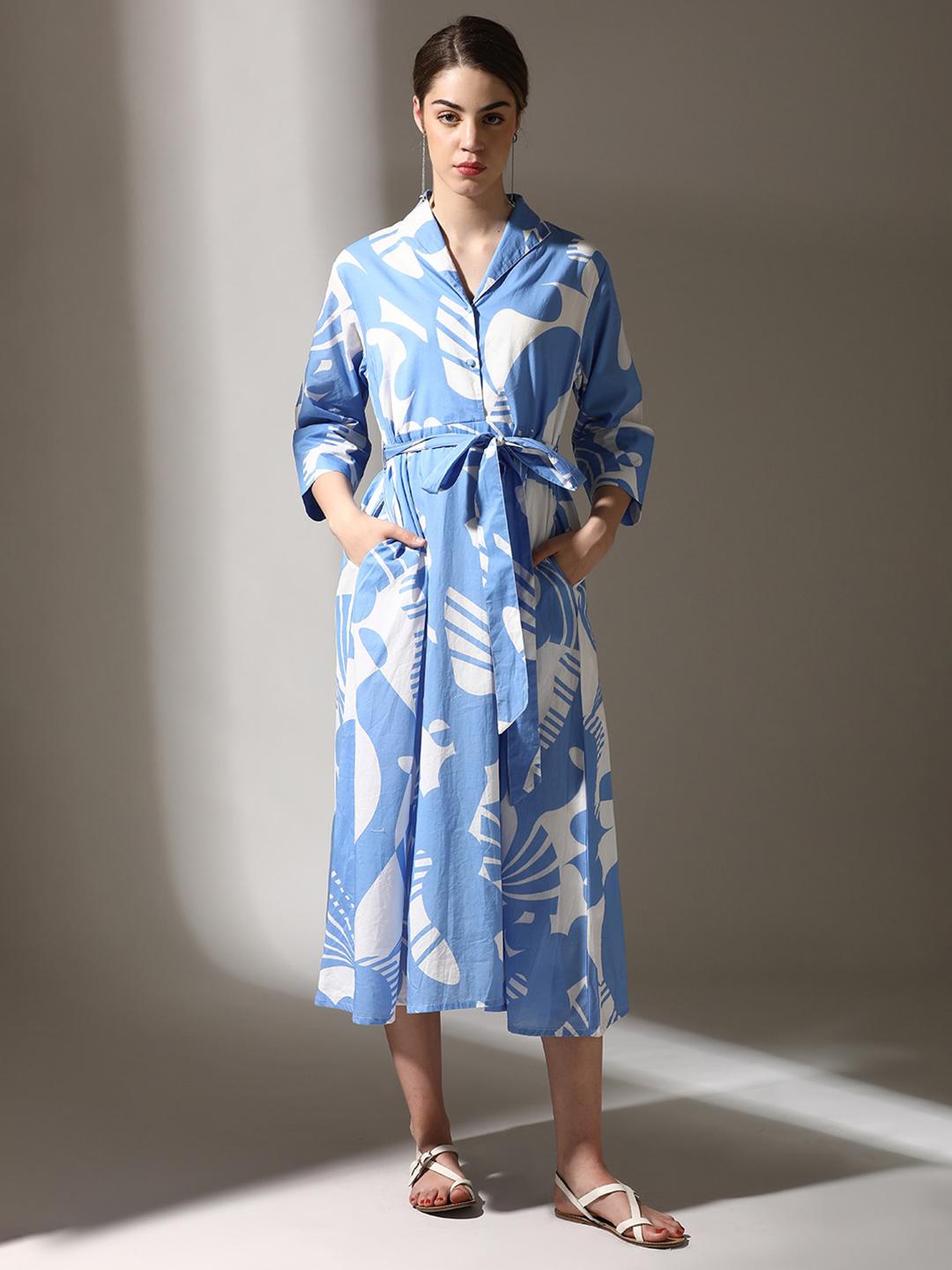 Buy Dora Dori 
Relaxed Fit Abstract Printed Pure Cotton Shirt Collar Cuffed Sleeves Dress -  - Apparel for Women