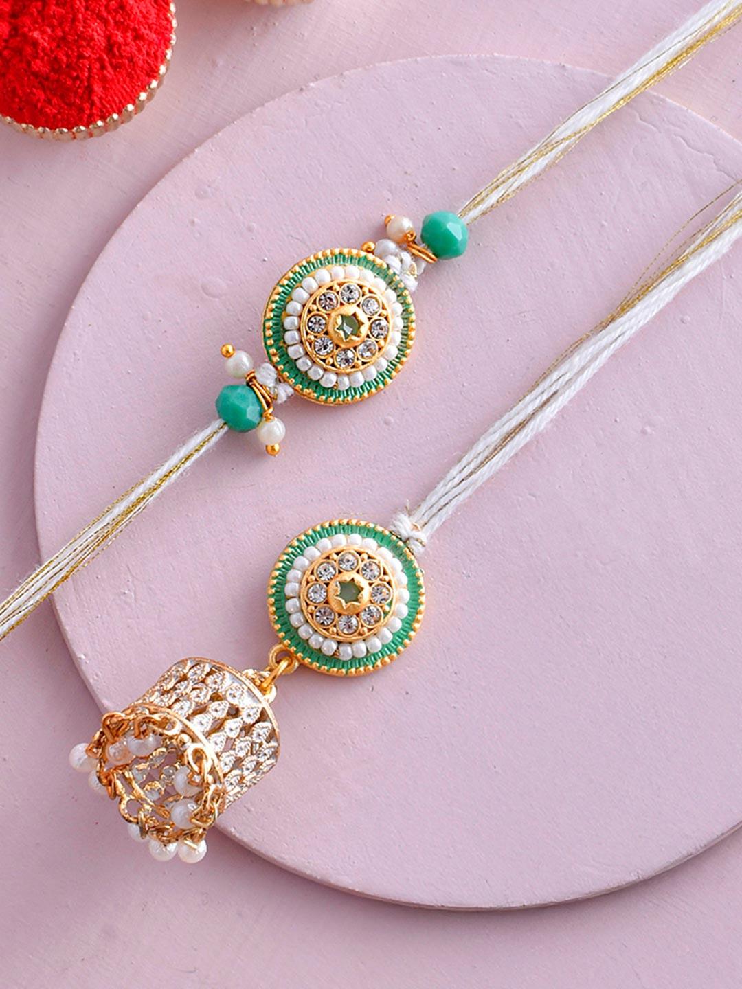 Buy White Pearls And Kundan Bhaiya Bhabhi Lumba Rakhi - - Accessories for Unisex