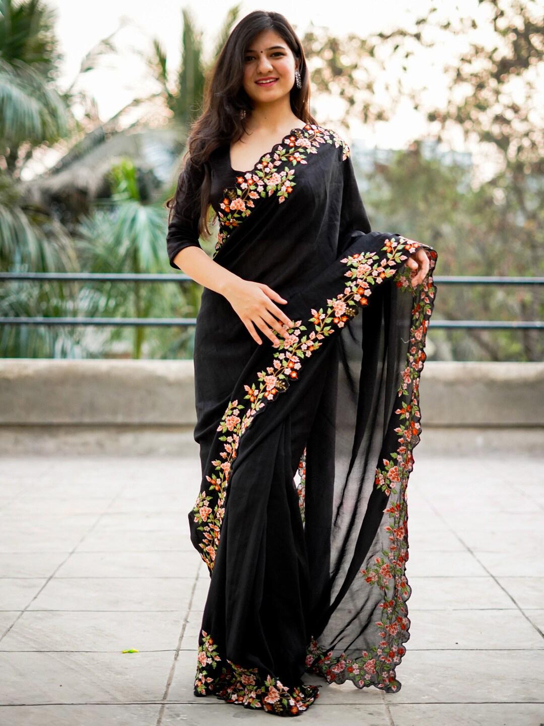 Buy Anouk Black Embroidered Embellished Art Silk Saree -  - Apparel for Women