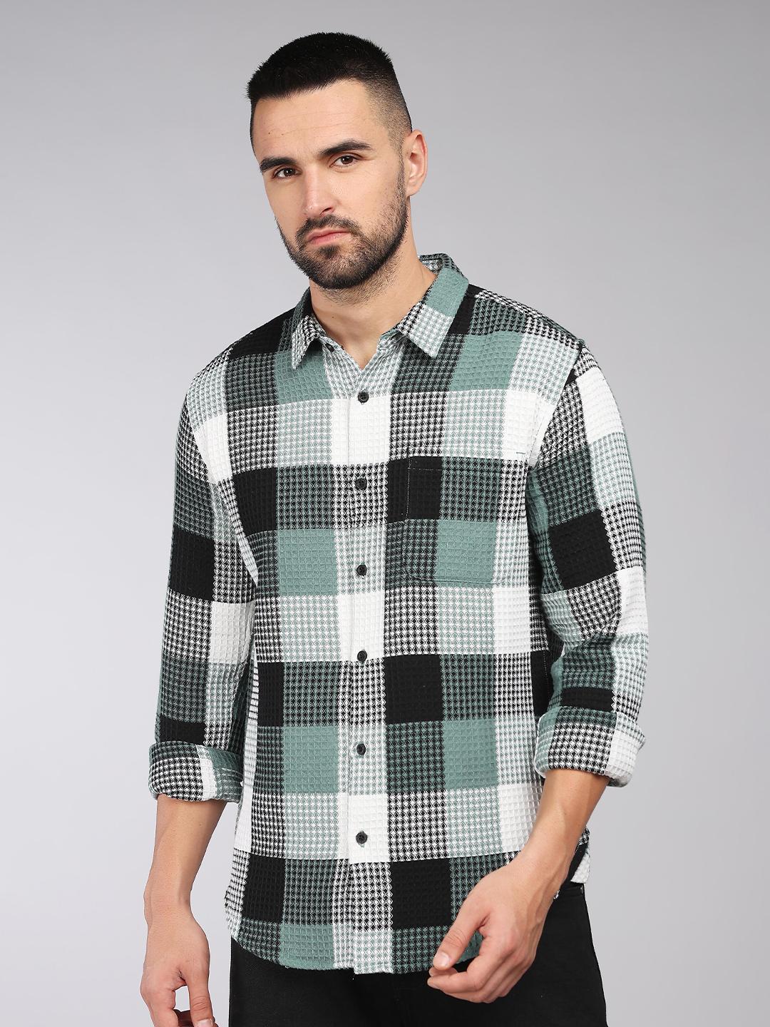 HERE&NOW Slim Fit Textured Tartan Checked Spread Collar Long Sleeves Cotton Casual Shirt