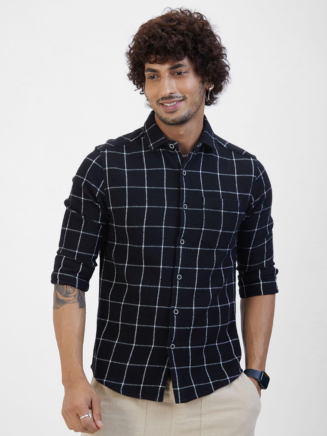 Men's Navy Blue Slim Fit Windowpane Checked Spread Collar Cotton Casual Shirt main image 1