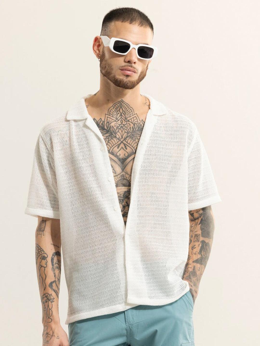 Snitch Men Classic Cuban Collar Self Design Boxy Casual Shirt