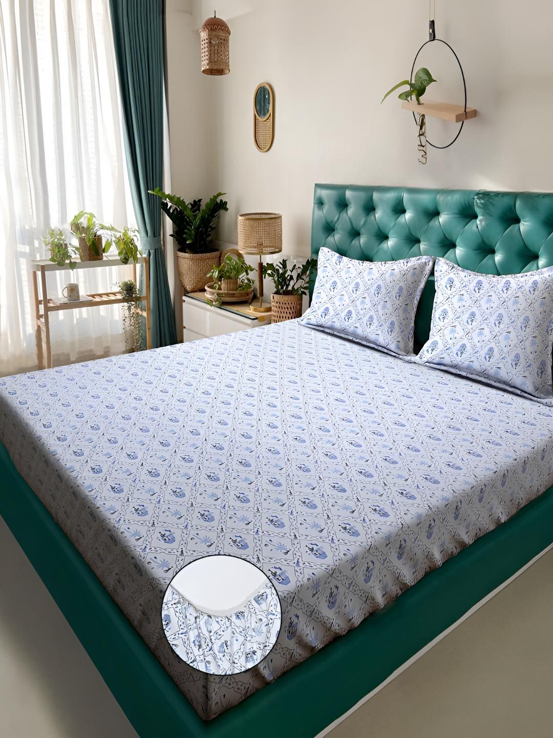 Buy KLOTTHE White Floral Cotton 300 TC Fitted King Fine Bedsheet With 2 Pillow Covers 98 X 89 Inches -  - Home for Unisex