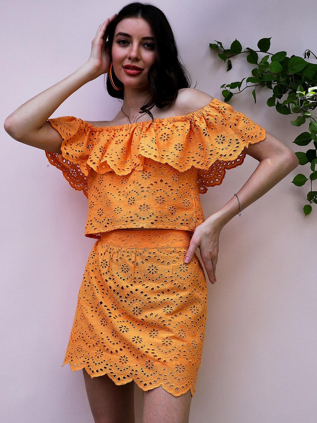 Buy Athena Self Designed Schiffli Pure Cotton Top & Skirt Co Ord - - Apparel for Women