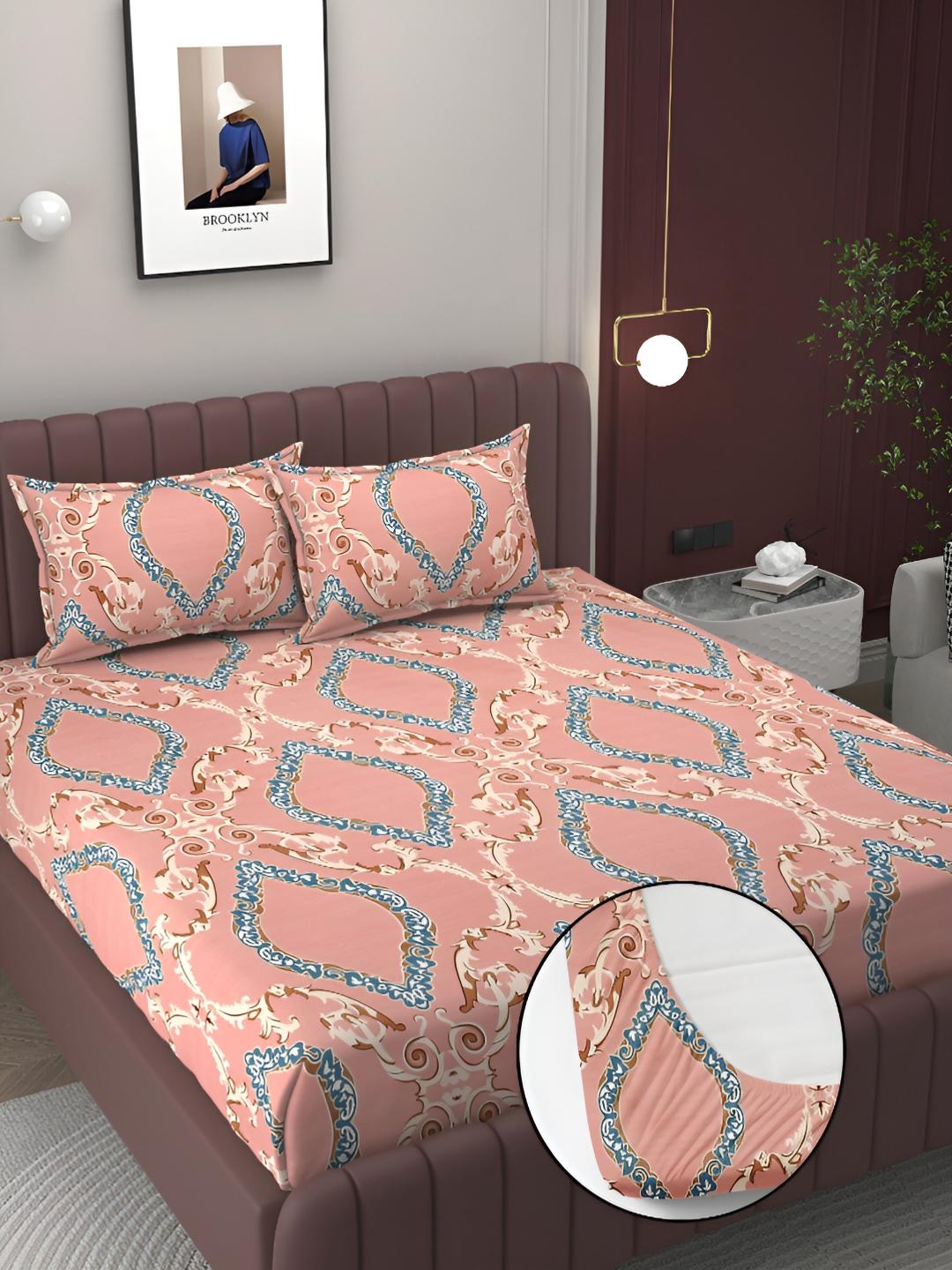 Buy Bromwick Pink Floral Cotton 250 TC Fitted King Fine Bedsheet With 2 Pillow Covers 182 X 198 X 15 Cm -  - Home for Unisex
