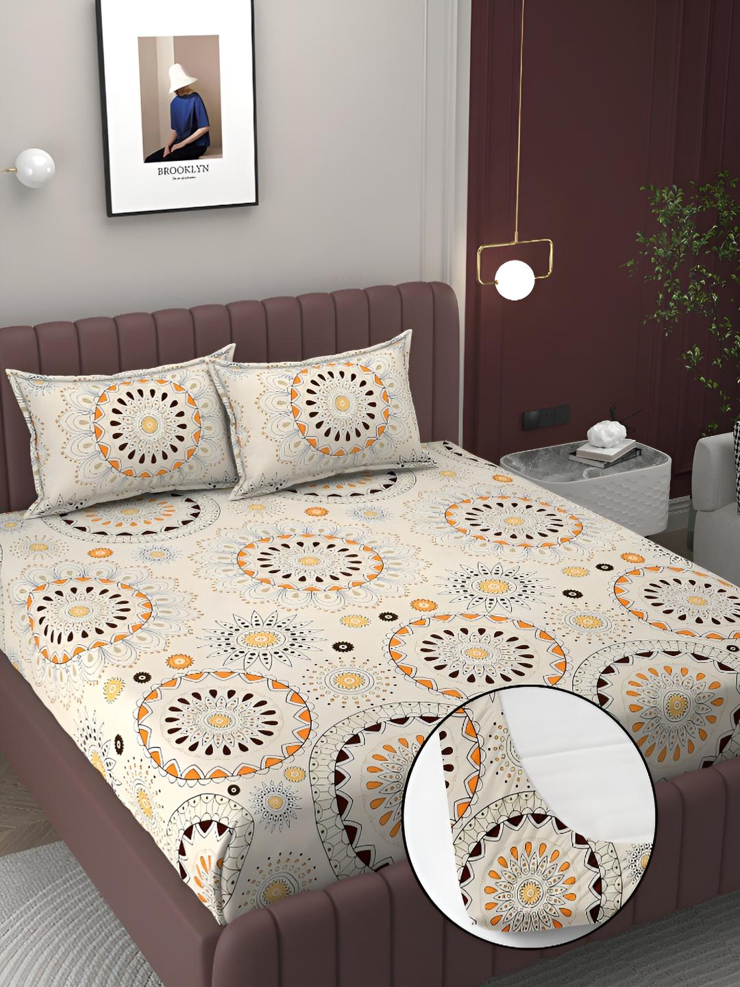 Buy Bromwick Cream Coloured & Brown 250 TC Fitted King Double Bedsheet With 2 Pillow Covers - - Home for Unisex