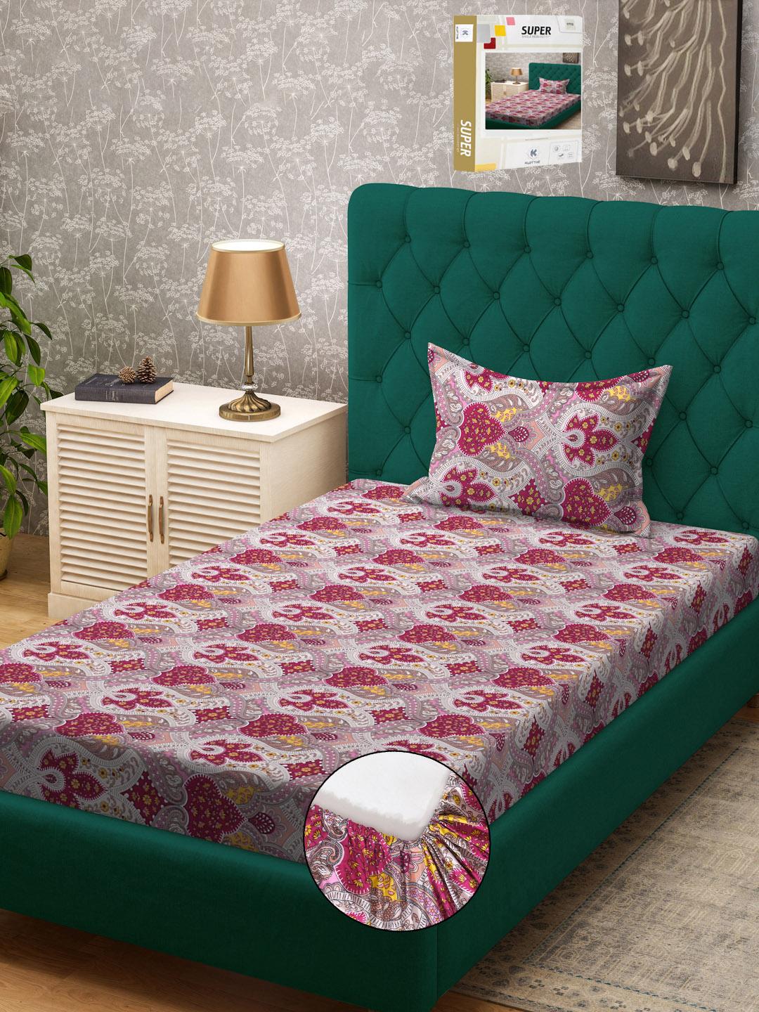 Buy KLOTTHE Pink & Beige Ethnic Motifs Printed 300 TC Single Fitted Bedsheet With Pillow Cover -  - Home for Unisex