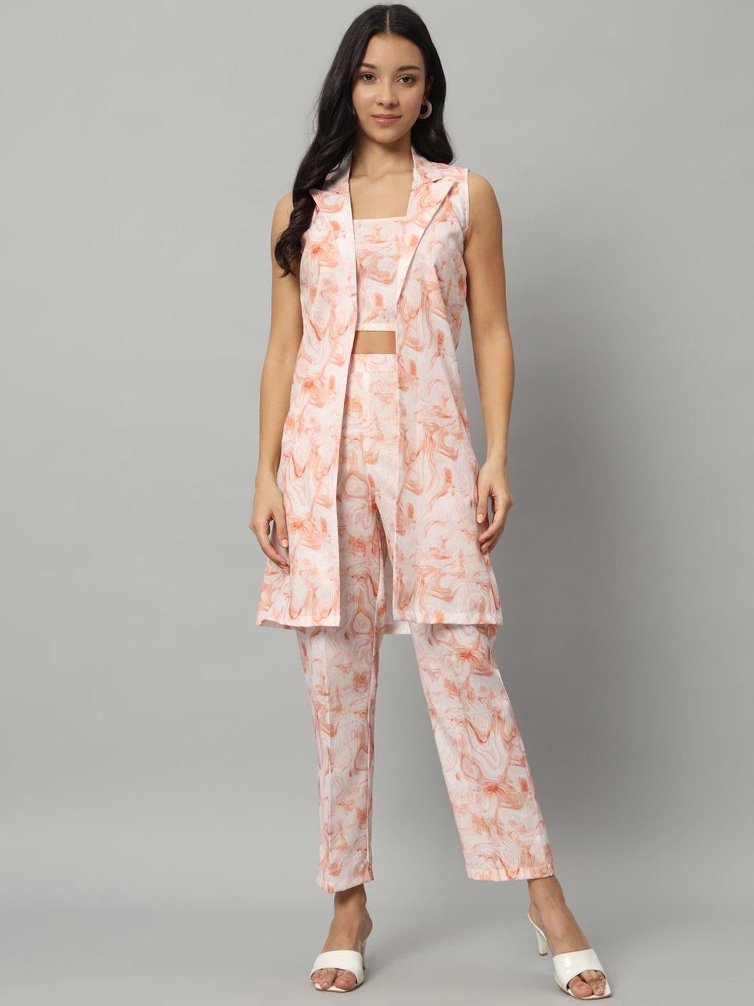 Buy Mast & Harbour White & Brown 3 Piece Dyed Pure Cotton Top With Jacket & Trousers Co Ords -  - Apparel for Women