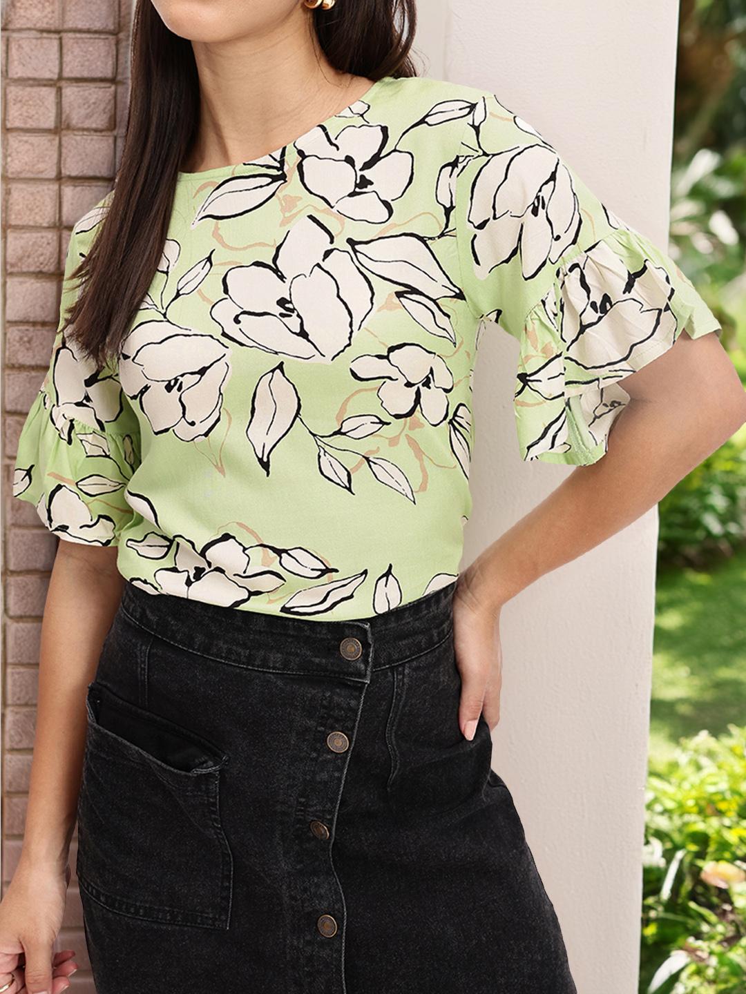 Casual Bell Sleeves Printed Women Light Green Top