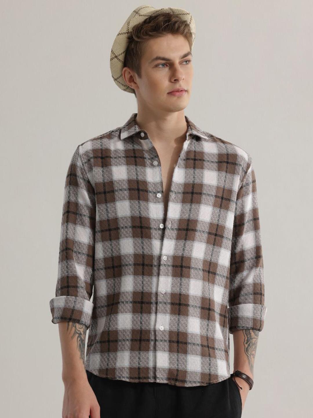 Snitch Brown Snug Slim Fit Tartan Checked Pure Cotton Casual Shirt
