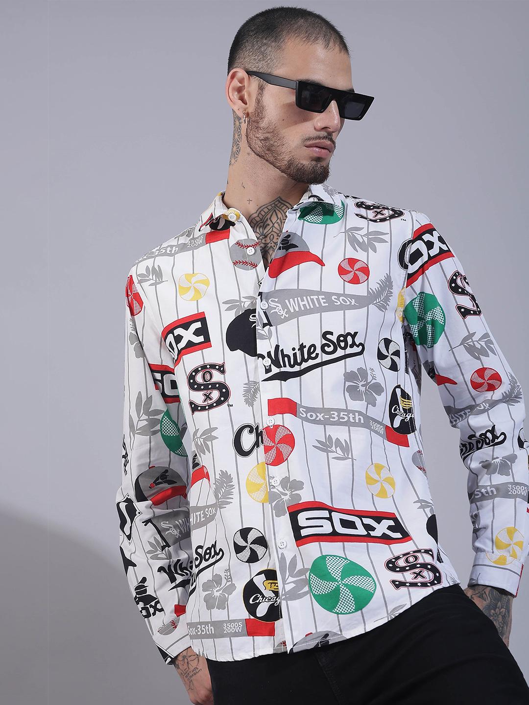 HERE&NOW Spread Collar Long Sleeves Slim Fit Conversational Printed Cotton Casual Shirt