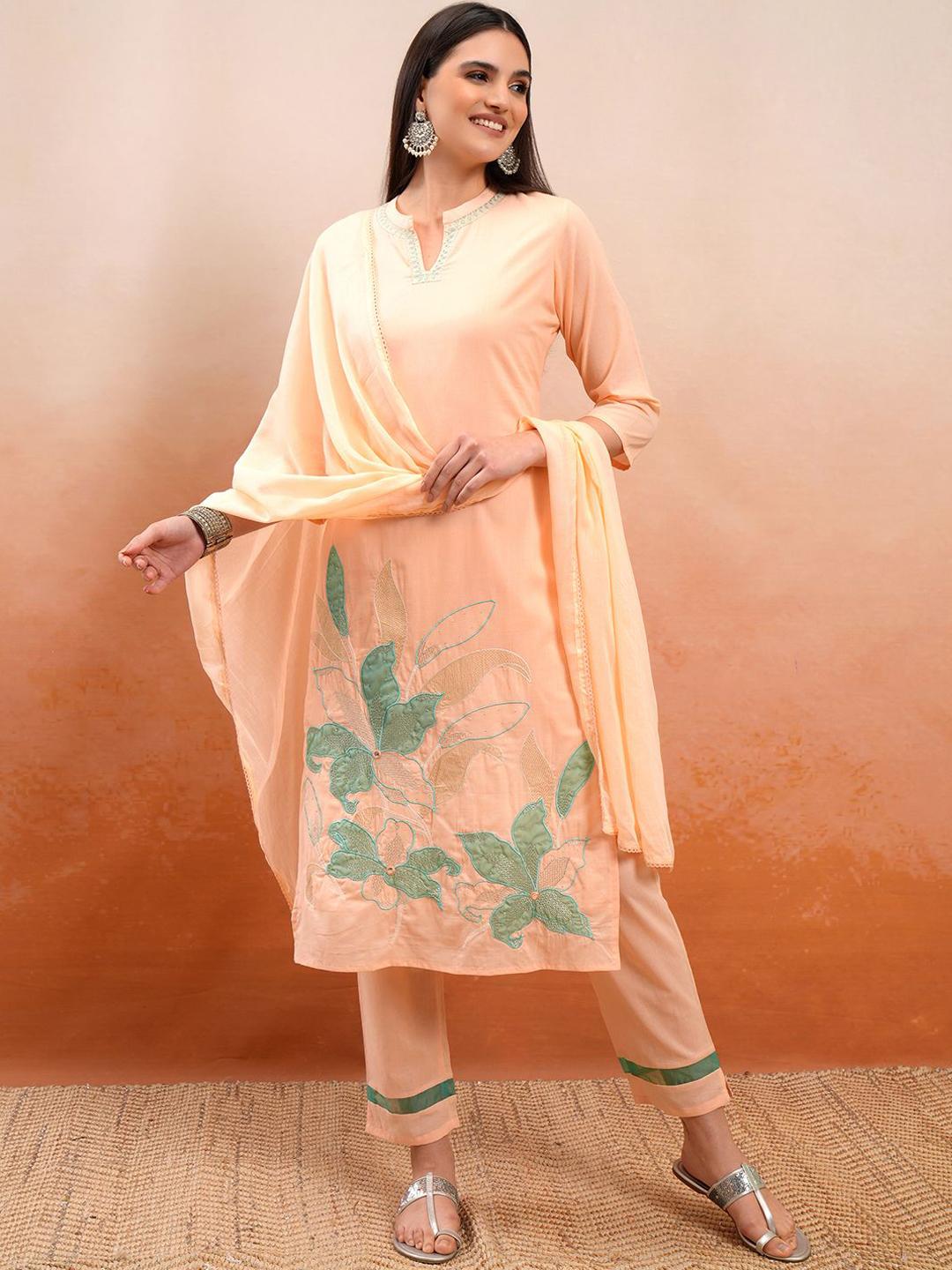 Women's Peach Floral Embroidered A-Line Kurta main image 1