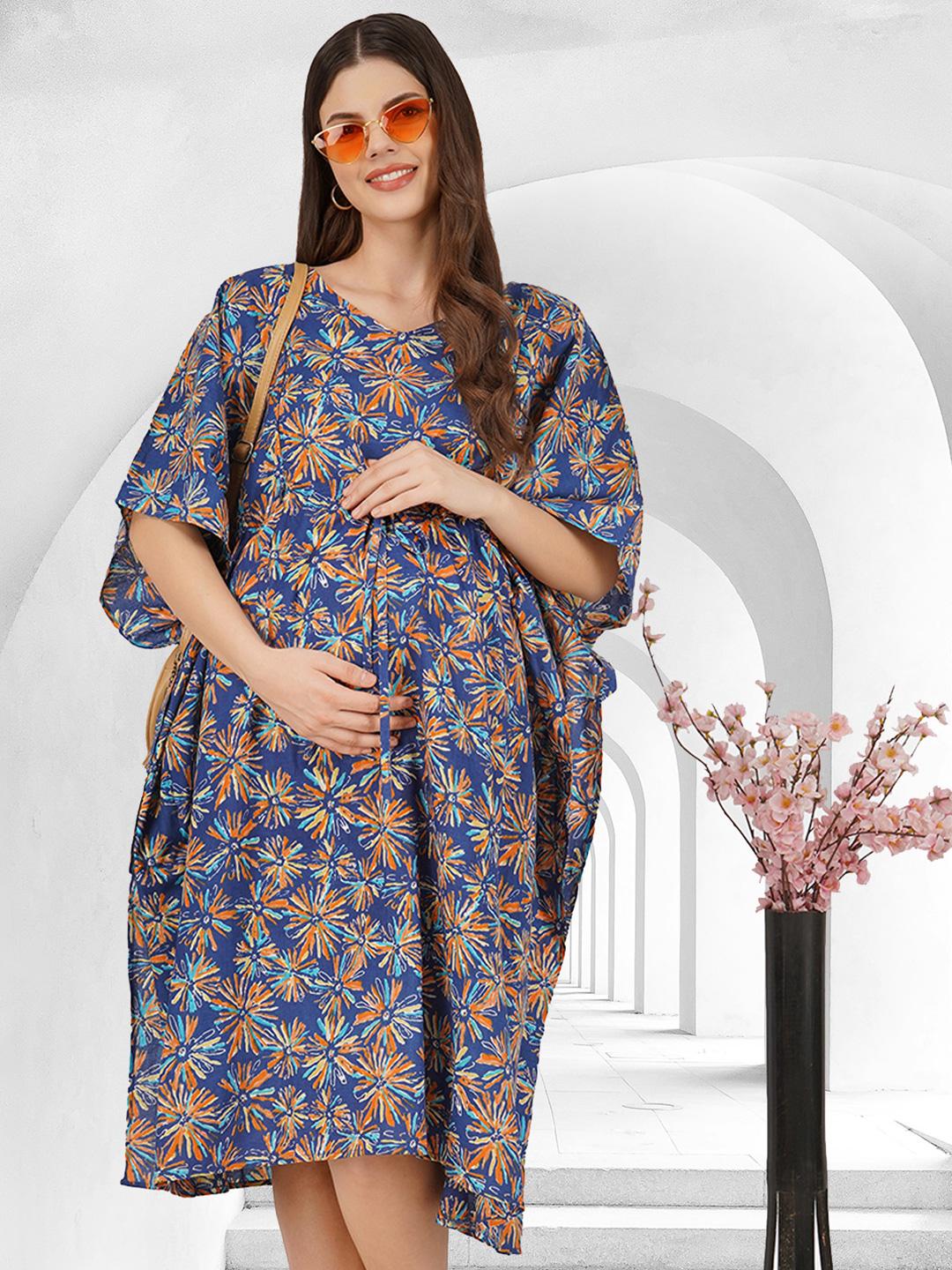 Printed Multi Chanderi Silk Maternity Kaftan Dress Calf Length