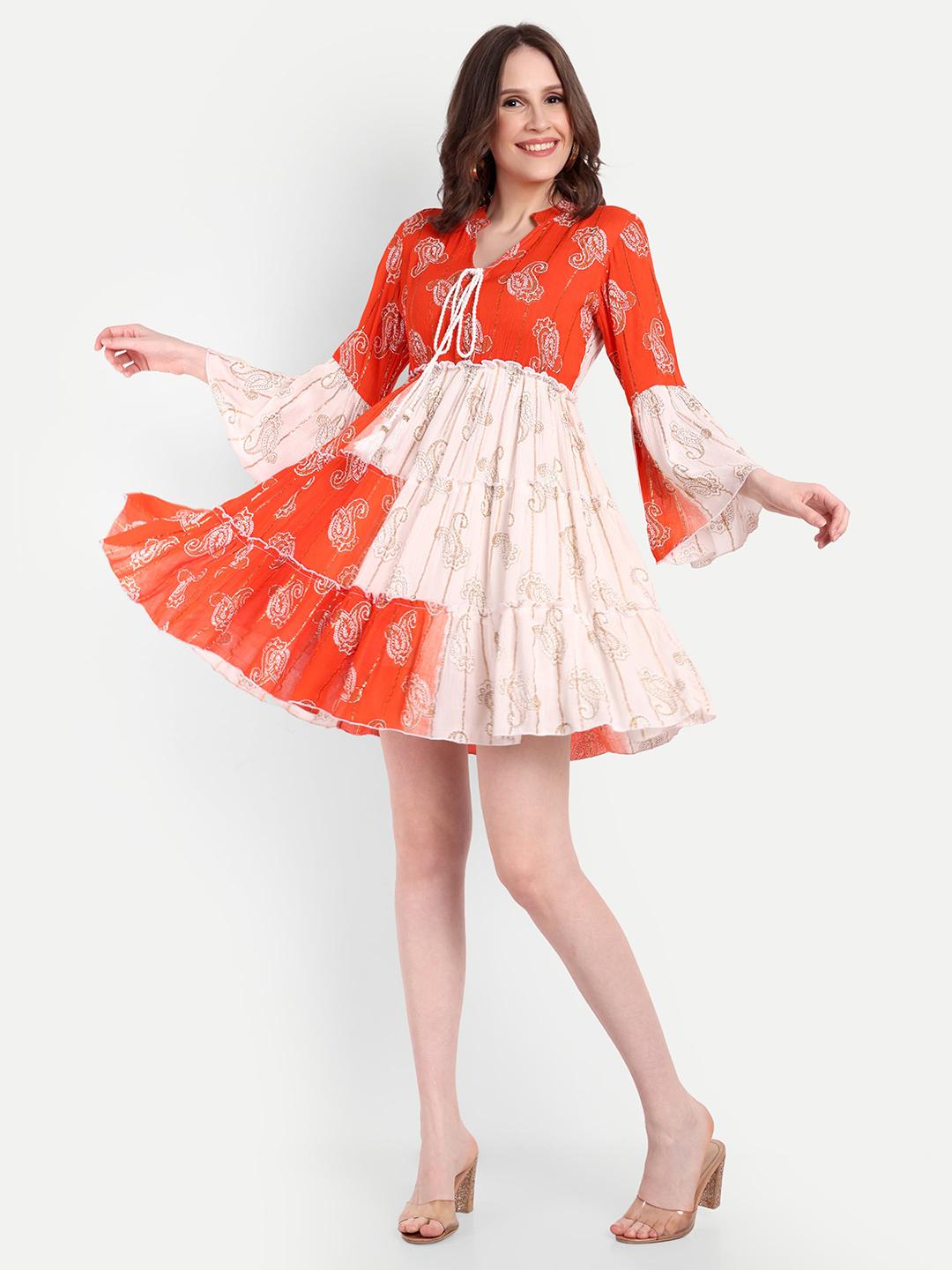 Ethnic Motifs Print Tie-Up Neck Puff Sleeve Crepe Fit & Flare Mini Dress
