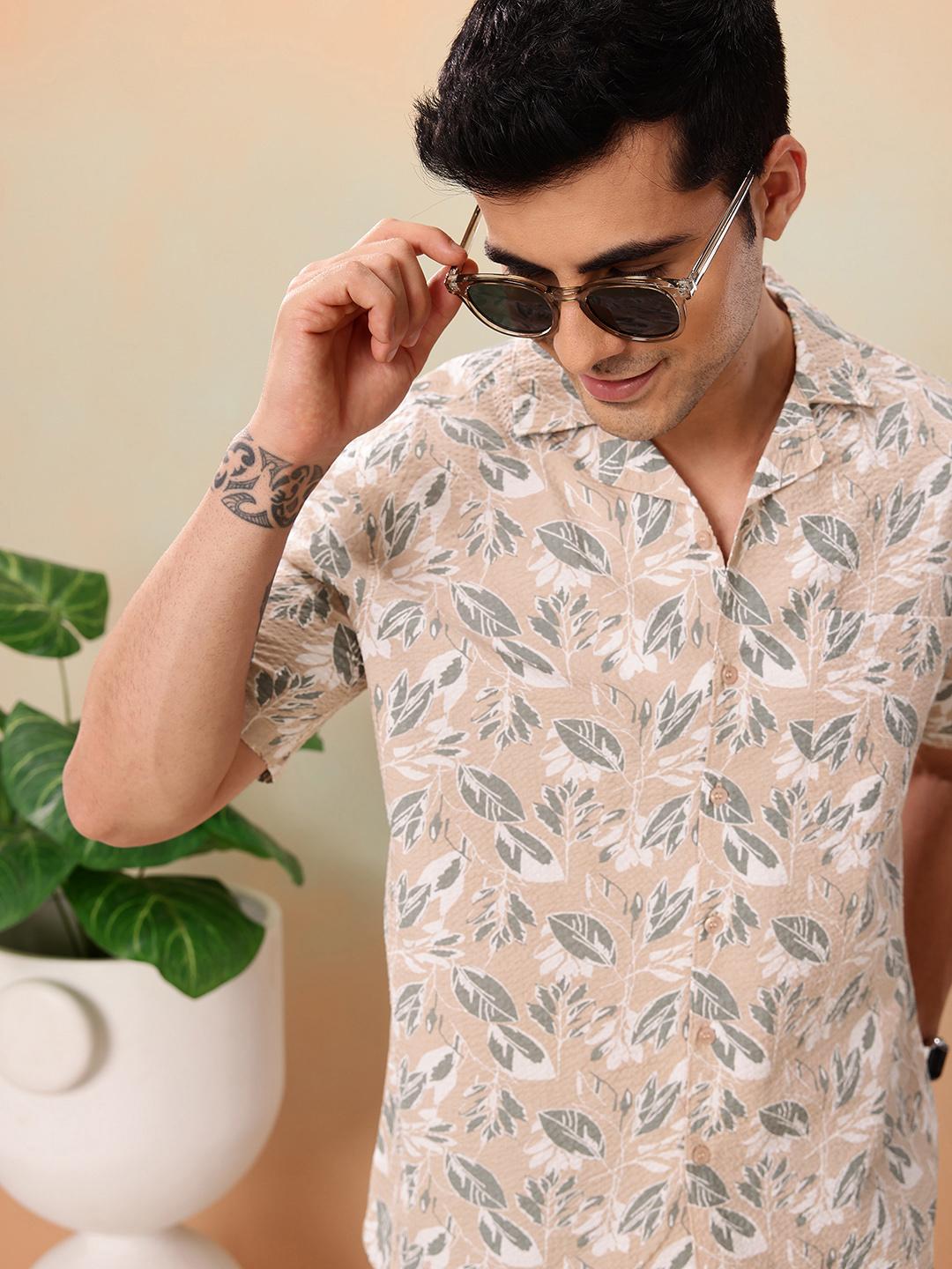 Mast & Harbour Pure Cotton Tropical Printed Seersucker Casual Shirt