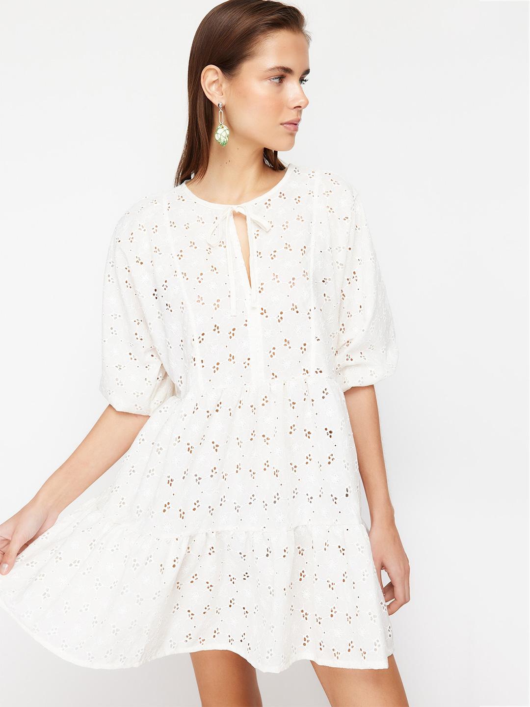 Girls Tiered Floral Print Tie-Up Neck A-Line Midi Cotton Dress