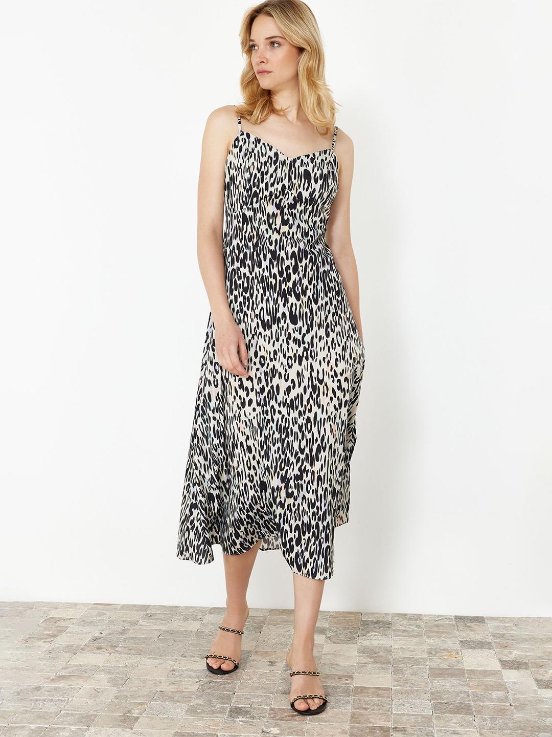 Women Animal Print A-Line Cold Shoulder Midi Dress