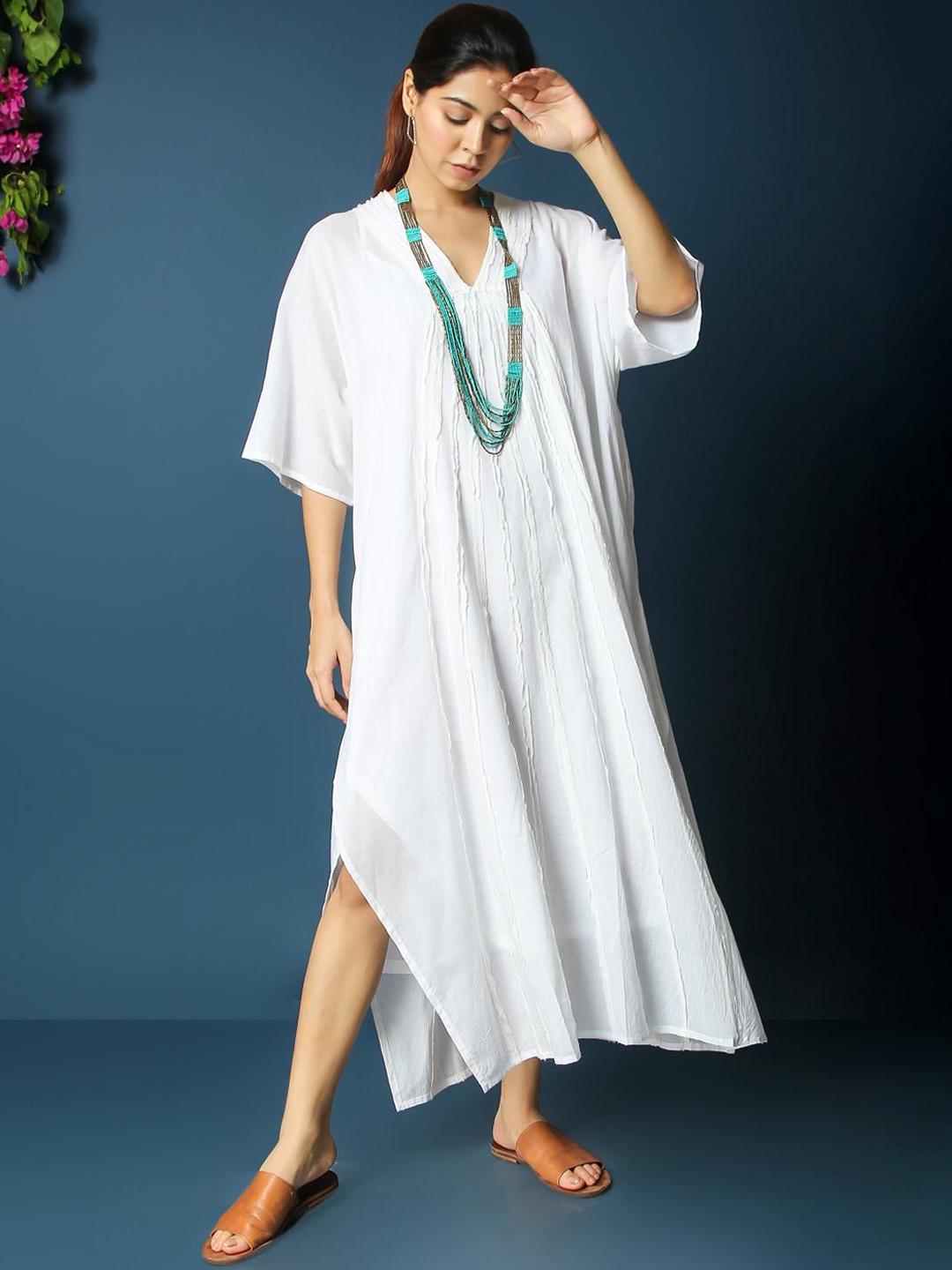 Buy VASSTRAM Self Design Flared Sleeves Cotton Maxi A Line Dress With ...