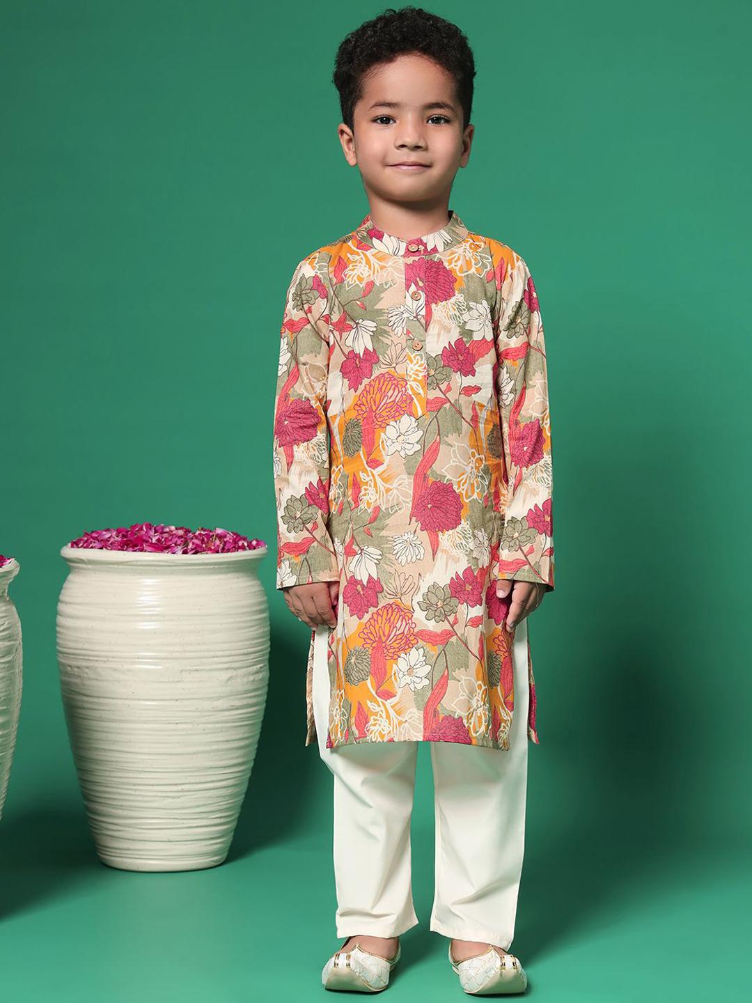 Boys Floral Printed Regular Pure Cotton Kurta With Pyjamas And Nehru Jaket