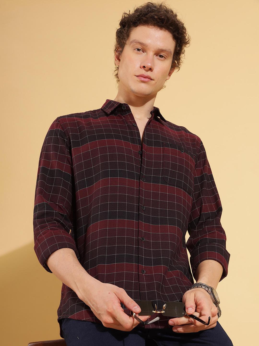 HERE&NOW Men Grid Tattersall Checks Spread Collar Cotton Slim Fit Casual Shirt