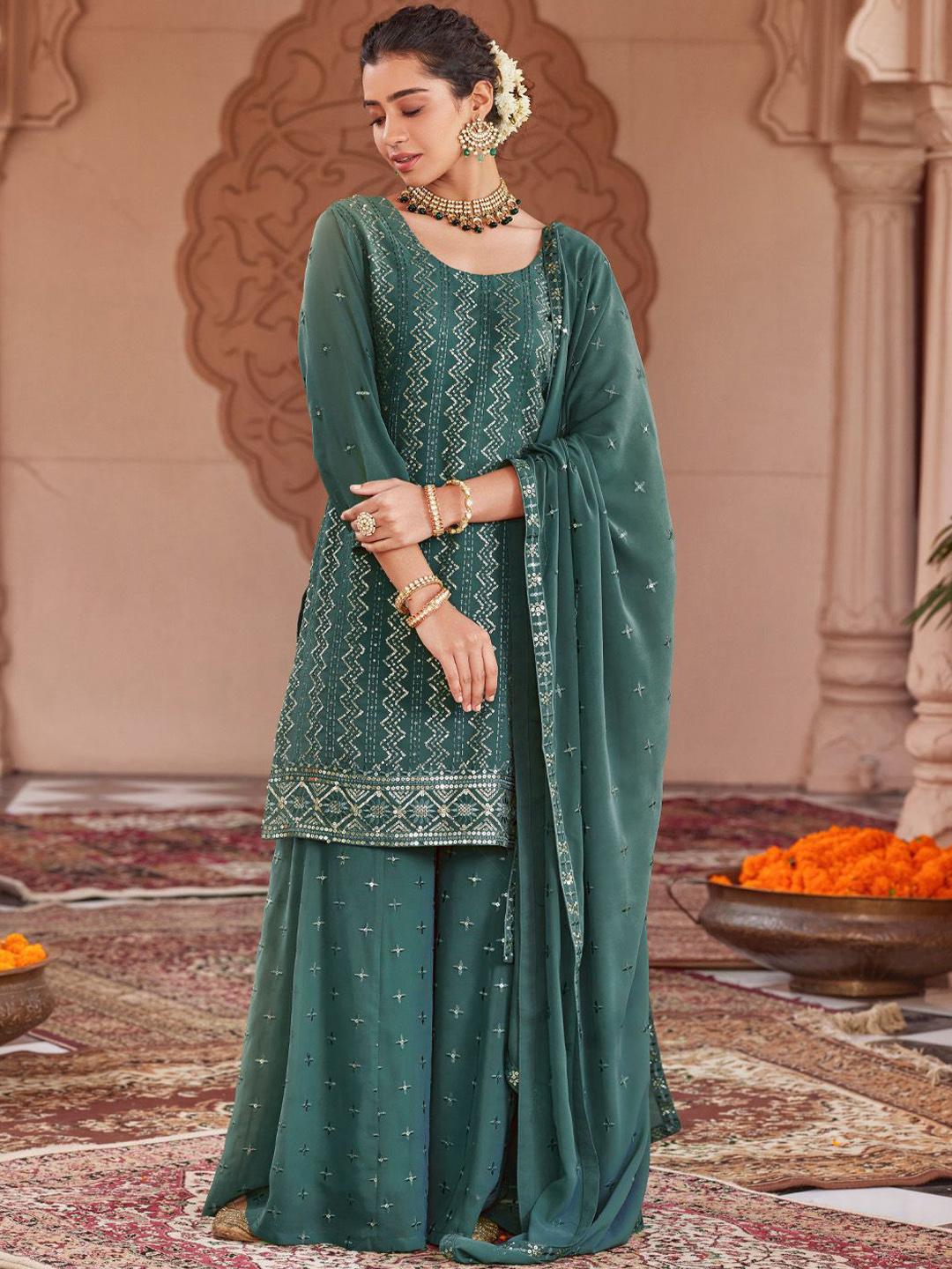 Women Floral Embroidered Regular Sequinned Kurta with Trousers & Dupatta