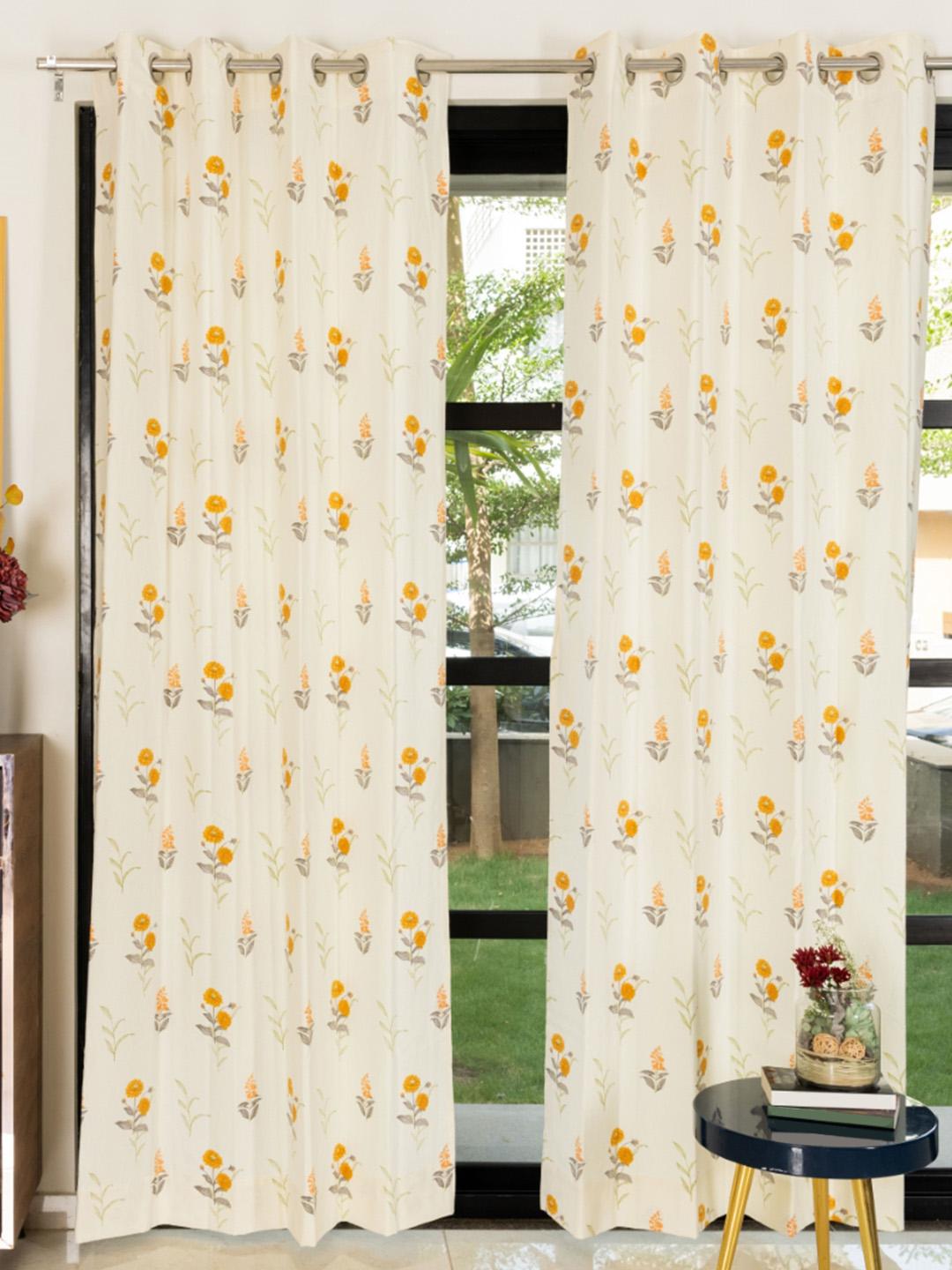 Buy URBAN SPACE Yellow & Cream Coloured 2 Pieces Floral Printed Pure Cotton Long Door Curtains - - Home for Unisex