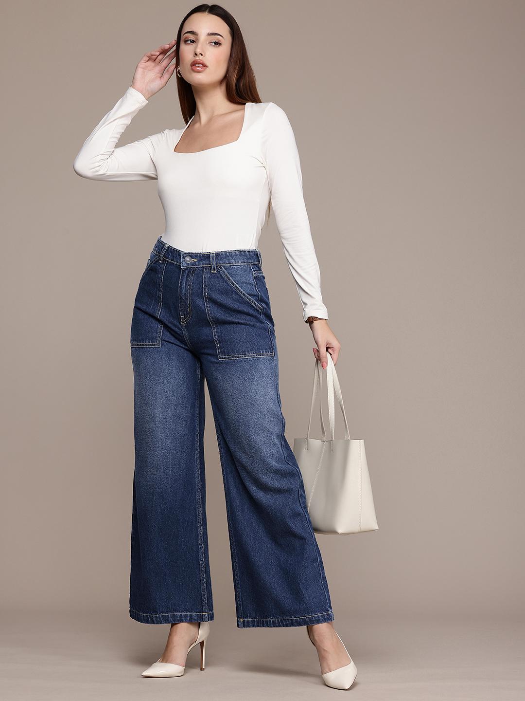 French Connection Women Pure Cotton Wide Leg Light Fade Jeans