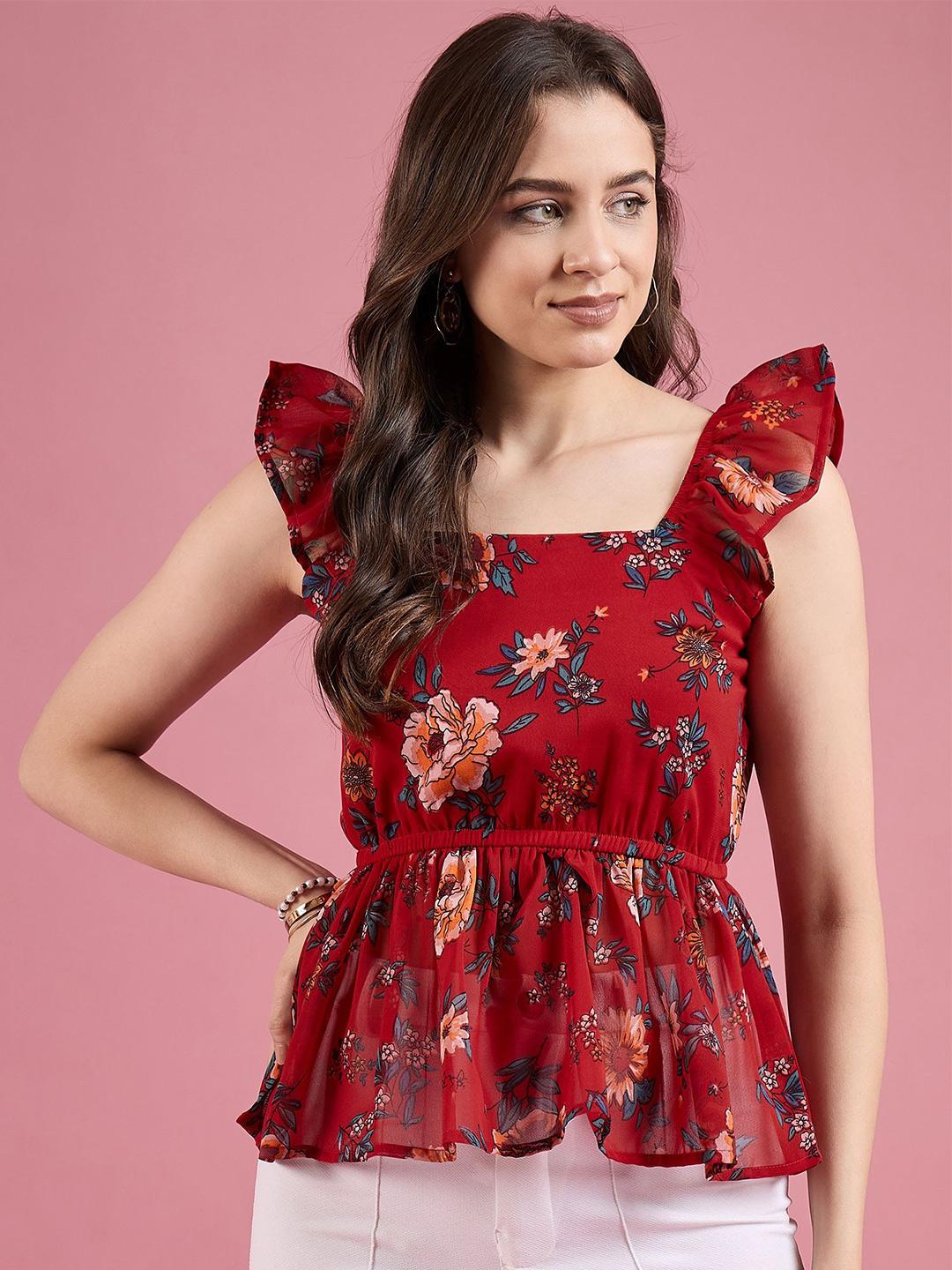 Women's Off White Square Neck Floral Print Peplum Top