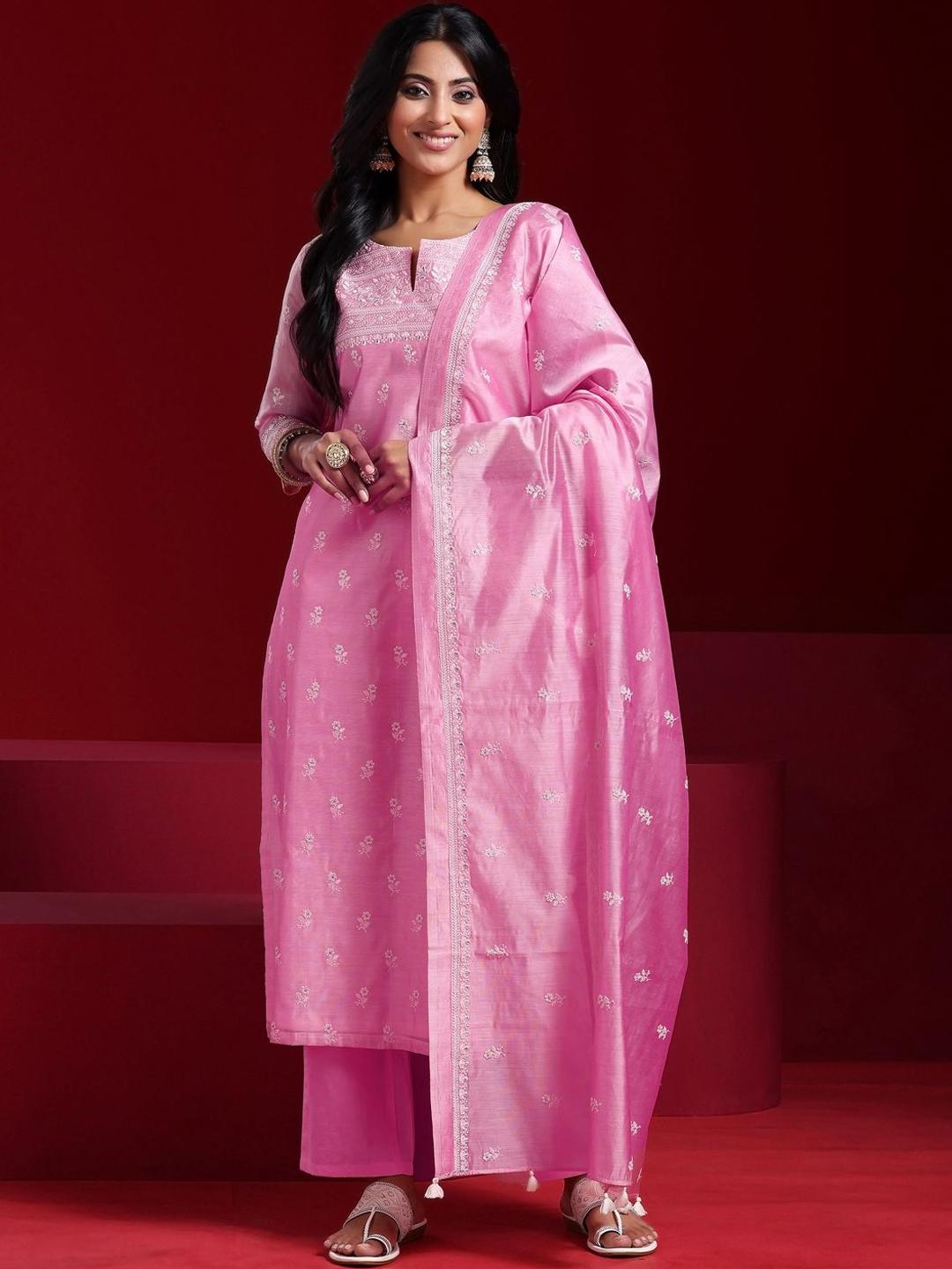 Floral Embroidered Thread Work Chanderi Cotton Kurta With Trousers & Dupatta