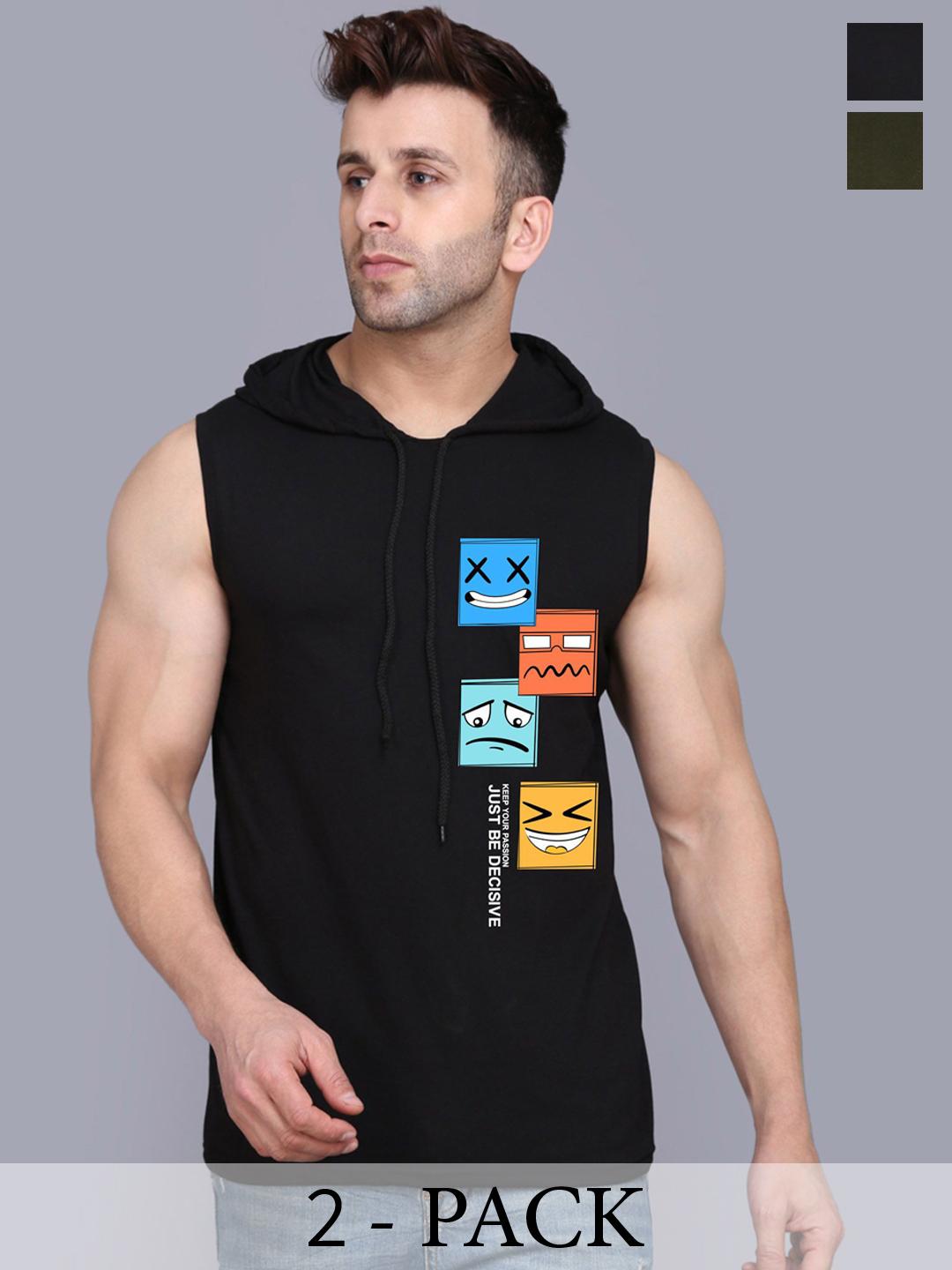 Buy SLOWLORIS Pack Of 2 Printed Hooded Gym Vests SL28 COMBO (KEEP OLIVE) (JUST BLACK) - - Apparel for Men