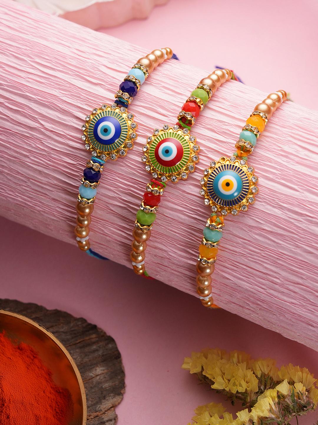 Buy TIED RIBBONS Set Of 3 Beaded Thread Rakhis With Roli Chawal - Rakhi ...