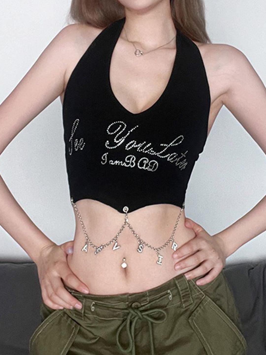 Stylecast X Revolte Halter Neck Typography Crop Top