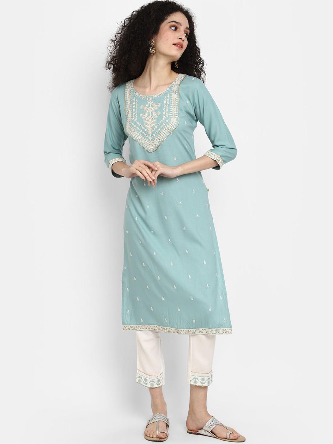 Buy V Mart Floral Embroidered Thread Work Straight Kurta With Trousers ...