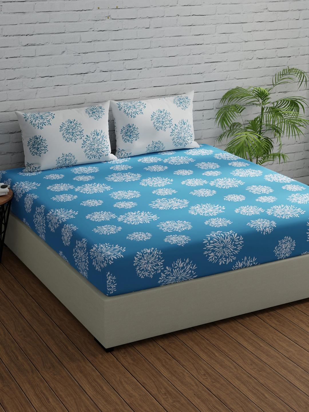 Buy Huesland Blue & White Floral 144 TC King Fitted Cotton Bedsheet With 2 Pillow Covers - - Home for Unisex