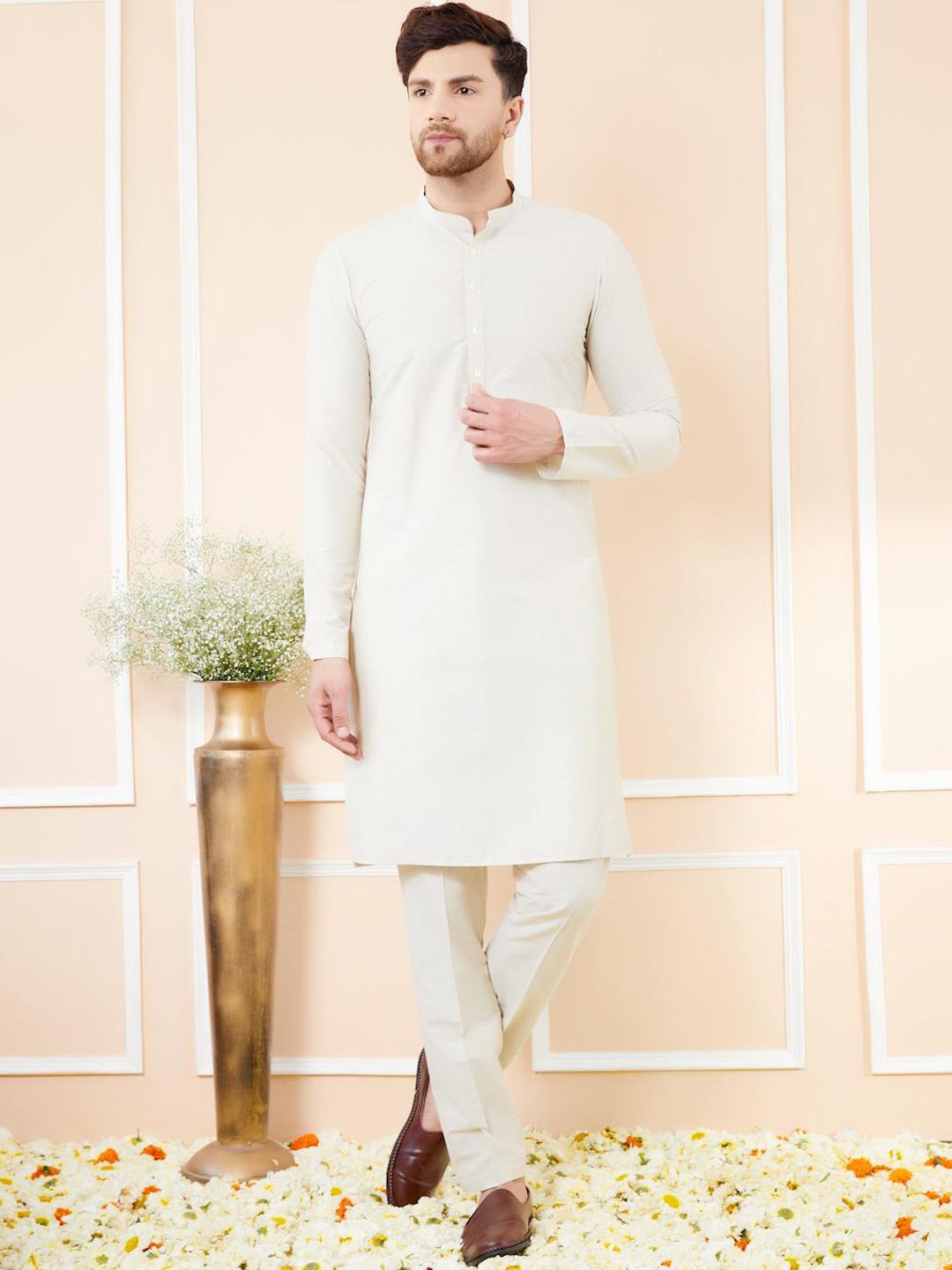 Men White Yoke Design Straight Kurta With Pyjama