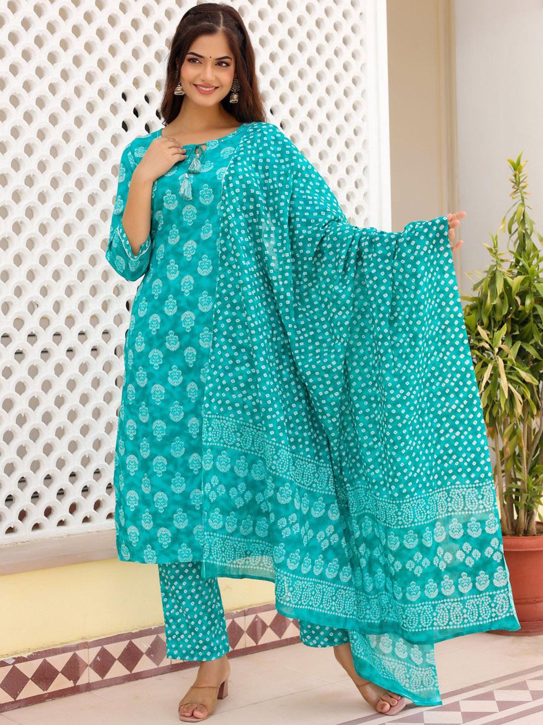 Women Green Floral Printed Tie Up Neck Pure Cotton Kurti main image 1