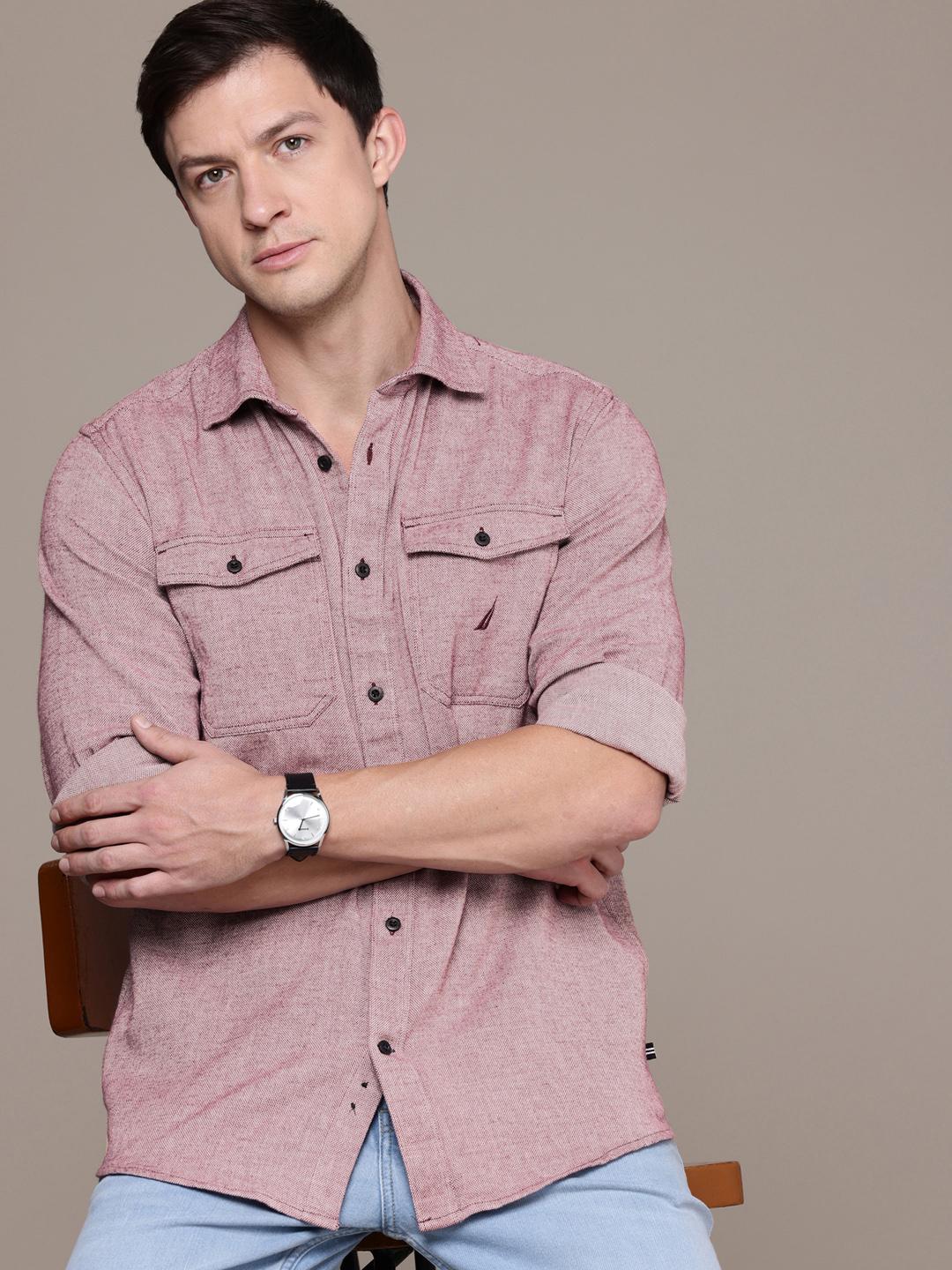 Nautica Pure Cotton Self Design Classic Fit Textured Casual Shirt