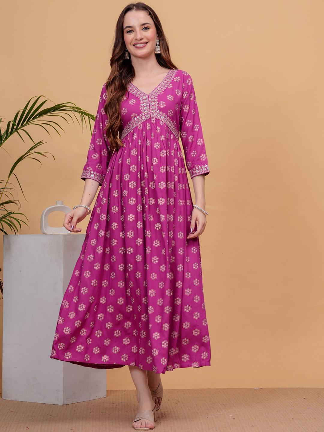 Buy NEW4U Floral Printed Sequinned Empire Midi Ethnic Dress - Ethnic ...