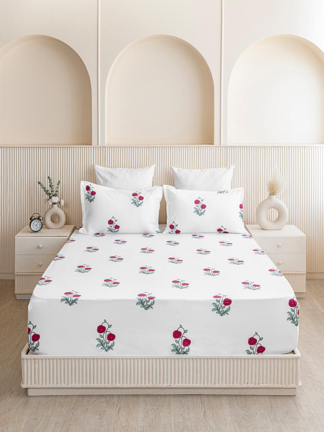 Buy HOMEMONDE Red Floral Cotton 210 TC Fitted Double Fine Bedsheet With A Pillow Cover 72 X 48 Inches -  - Home for Unisex