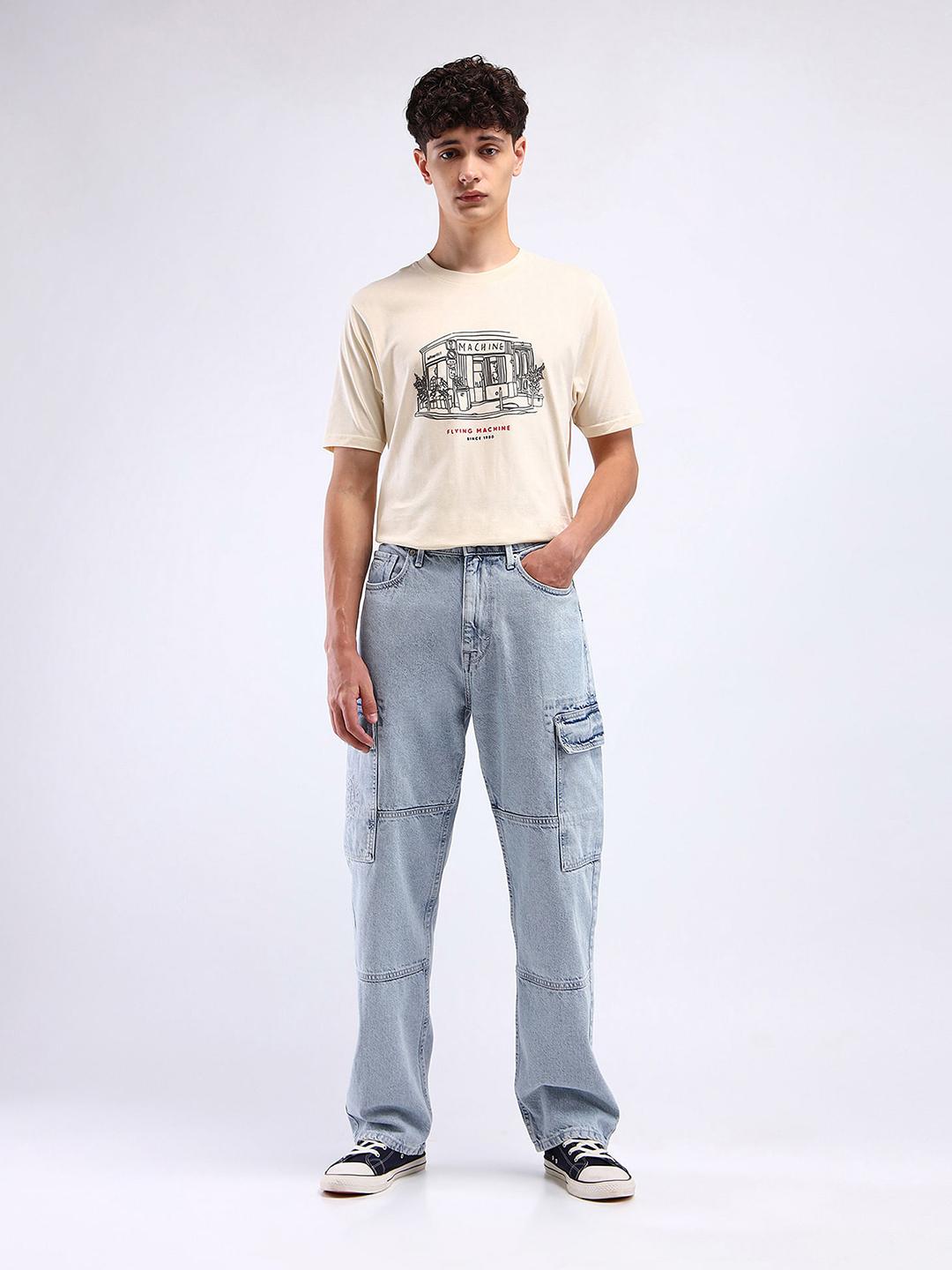 Flying Machine Men High-Rise Heavy Fade Cotton Stretchable Cargo Jeans